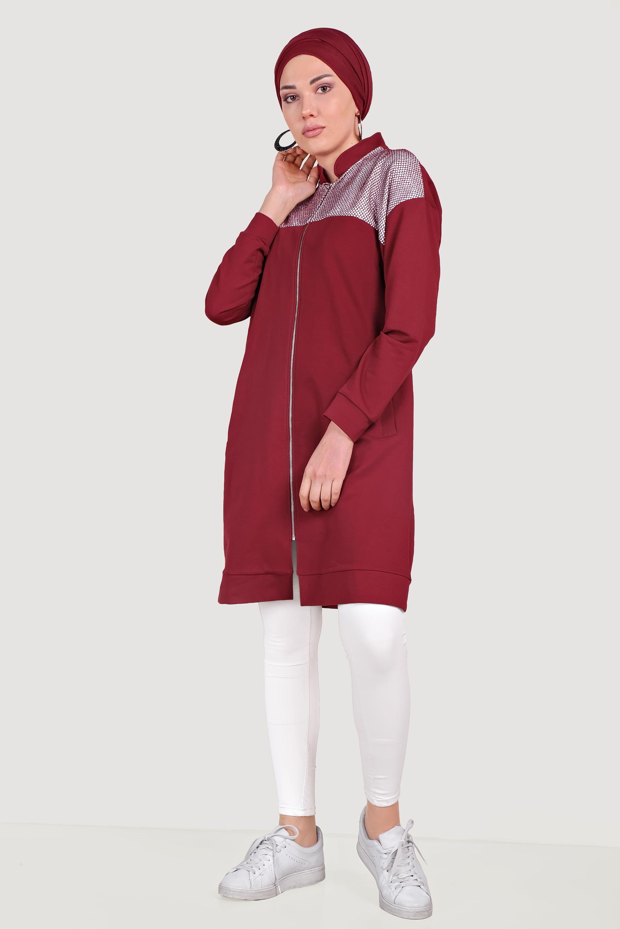 Tesettür giyim BORDO FİLE DETAYLI FERMUARLI EŞOFMAN TUNİK 4521 