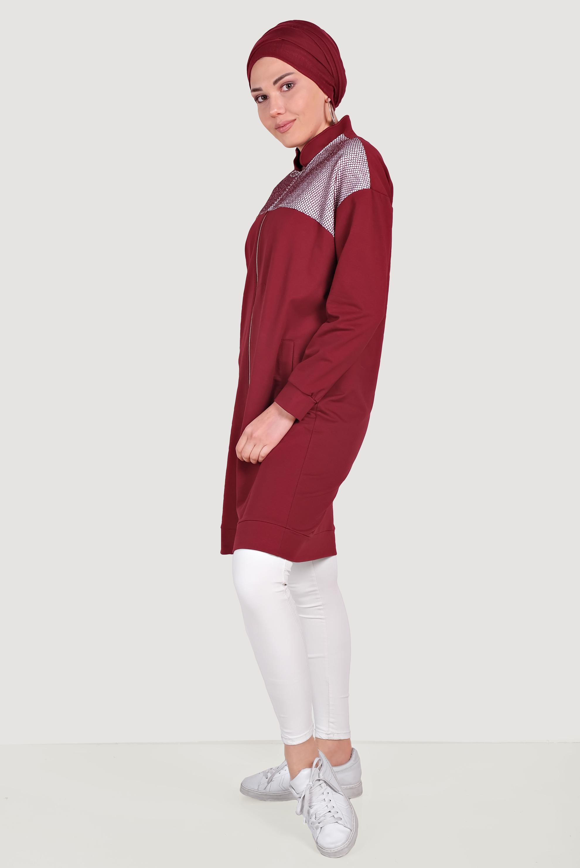 Tesettür giyim BORDO FİLE DETAYLI FERMUARLI EŞOFMAN TUNİK 4521 