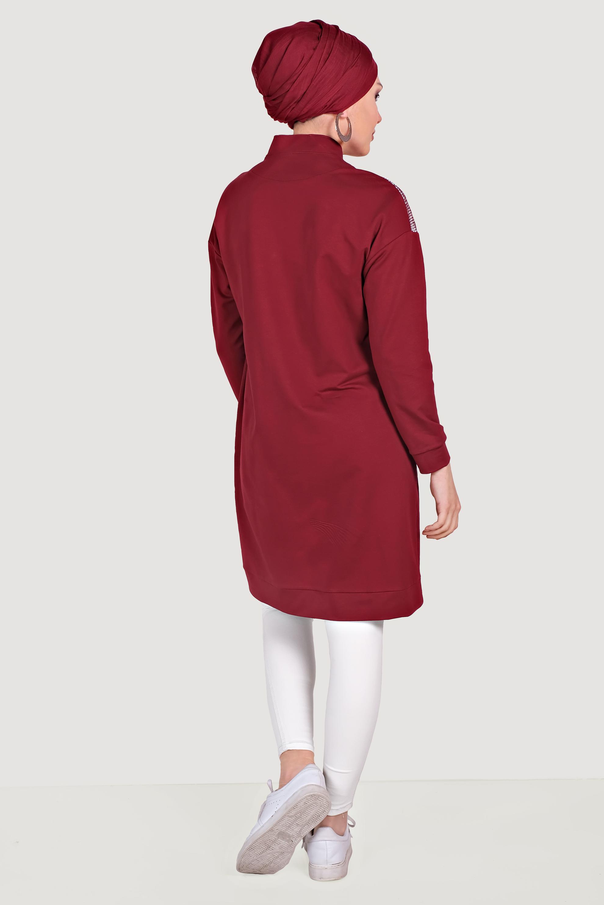 Tesettür giyim BORDO FİLE DETAYLI FERMUARLI EŞOFMAN TUNİK 4521 