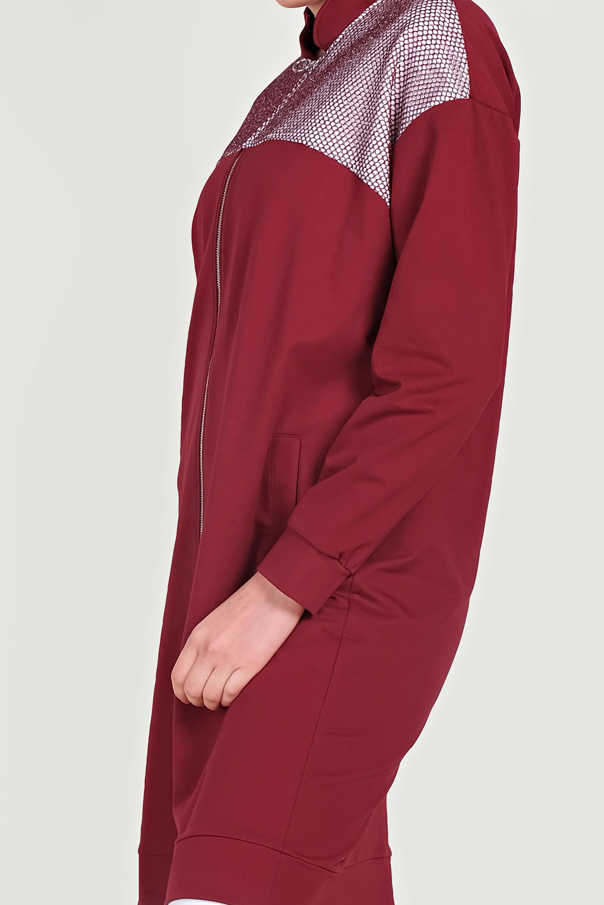 Tesettür giyim BORDO FİLE DETAYLI FERMUARLI EŞOFMAN TUNİK 4521 