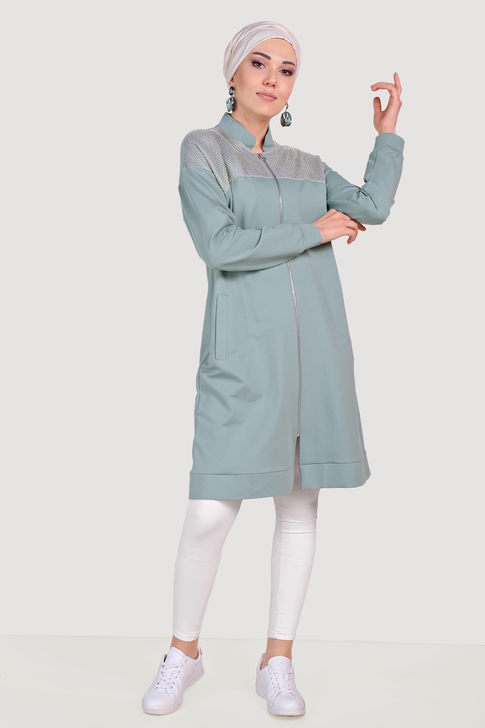 Tesettür giyim YEŞİL FİLE DETAYLI FERMUARLI EŞOFMAN TUNİK 4521 