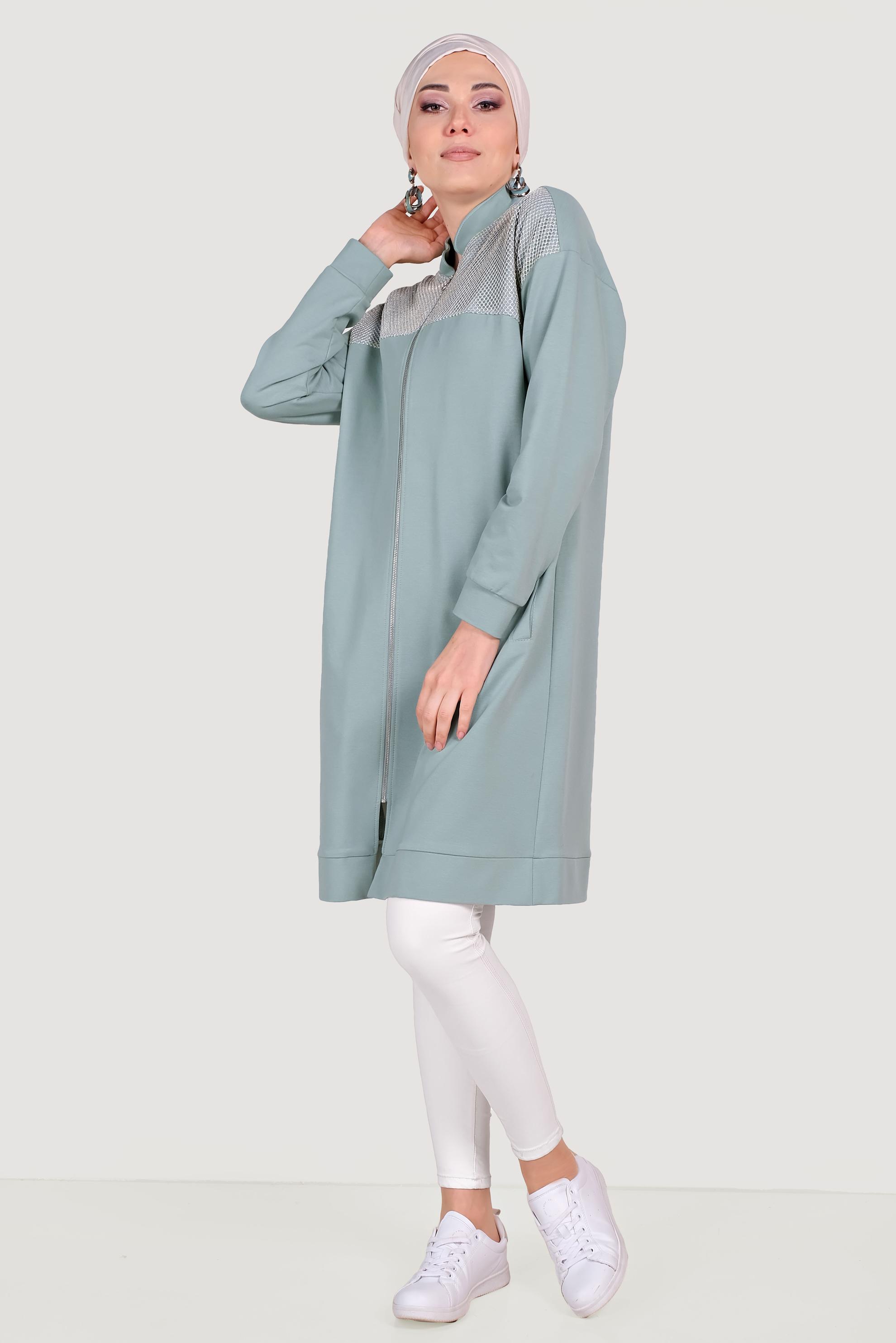 Tesettür giyim YEŞİL FİLE DETAYLI FERMUARLI EŞOFMAN TUNİK 4521 