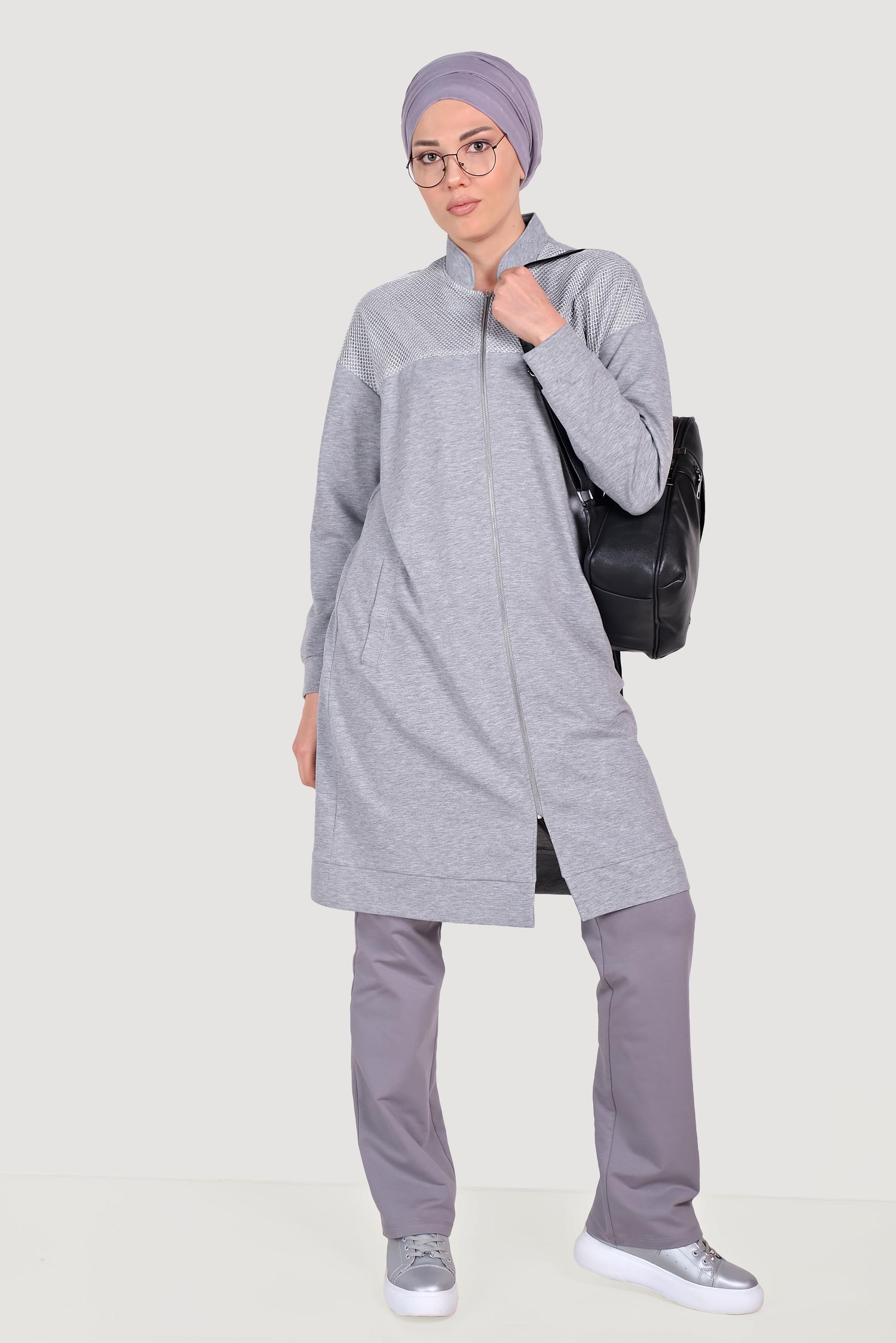 Tesettür giyim GRİ FİLE DETAYLI FERMUARLI EŞOFMAN TUNİK 4521 