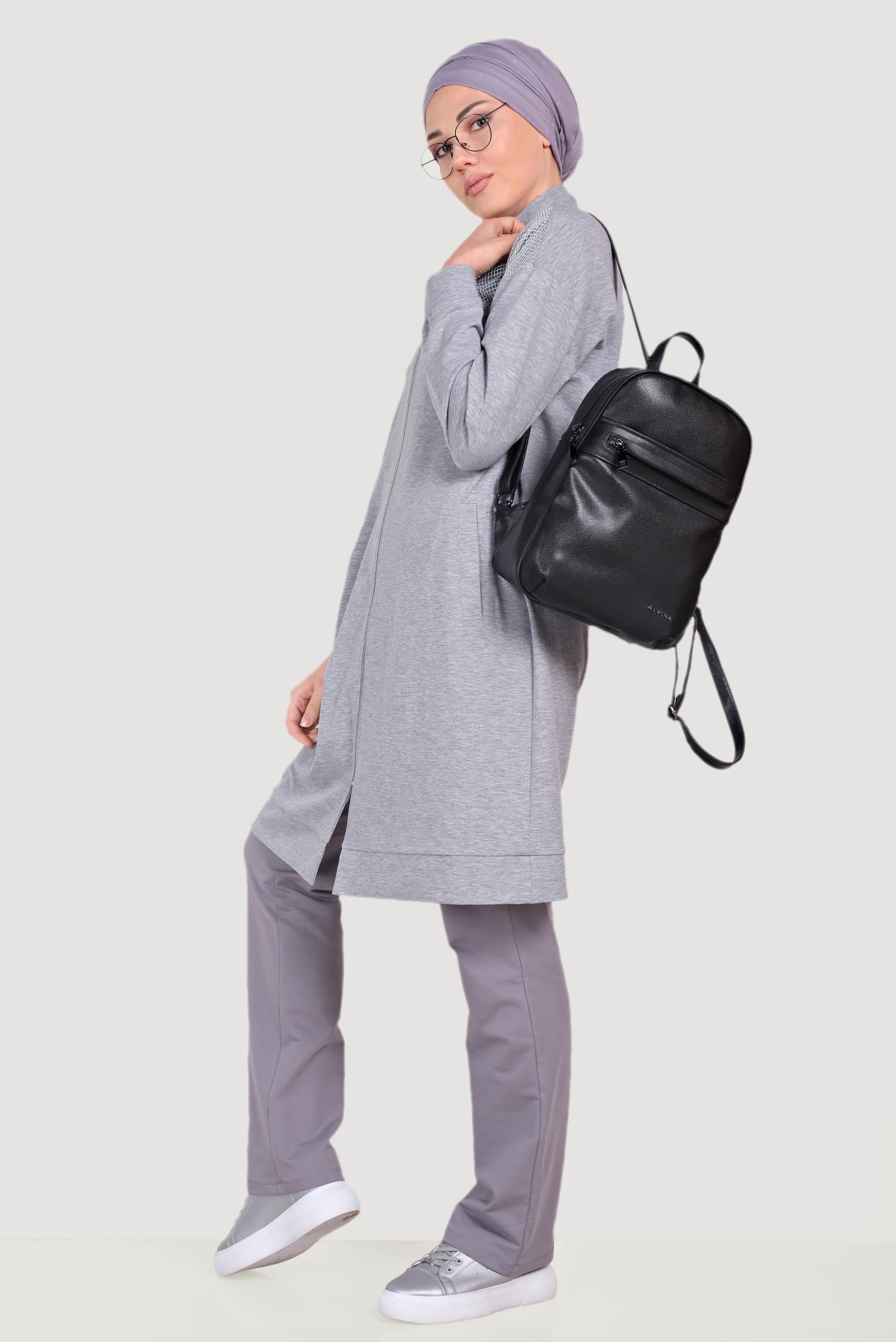 Tesettür giyim GRİ FİLE DETAYLI FERMUARLI EŞOFMAN TUNİK 4521 