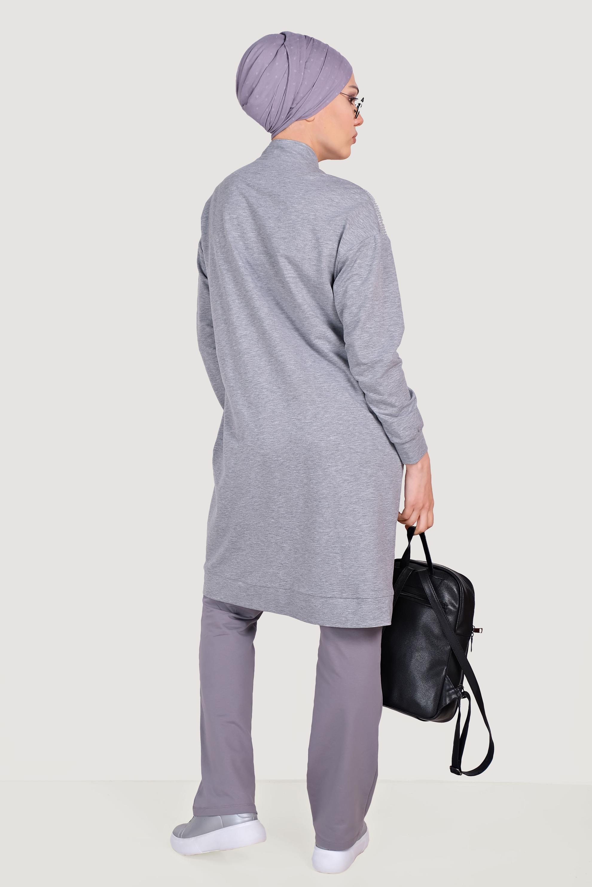 Tesettür giyim GRİ FİLE DETAYLI FERMUARLI EŞOFMAN TUNİK 4521 