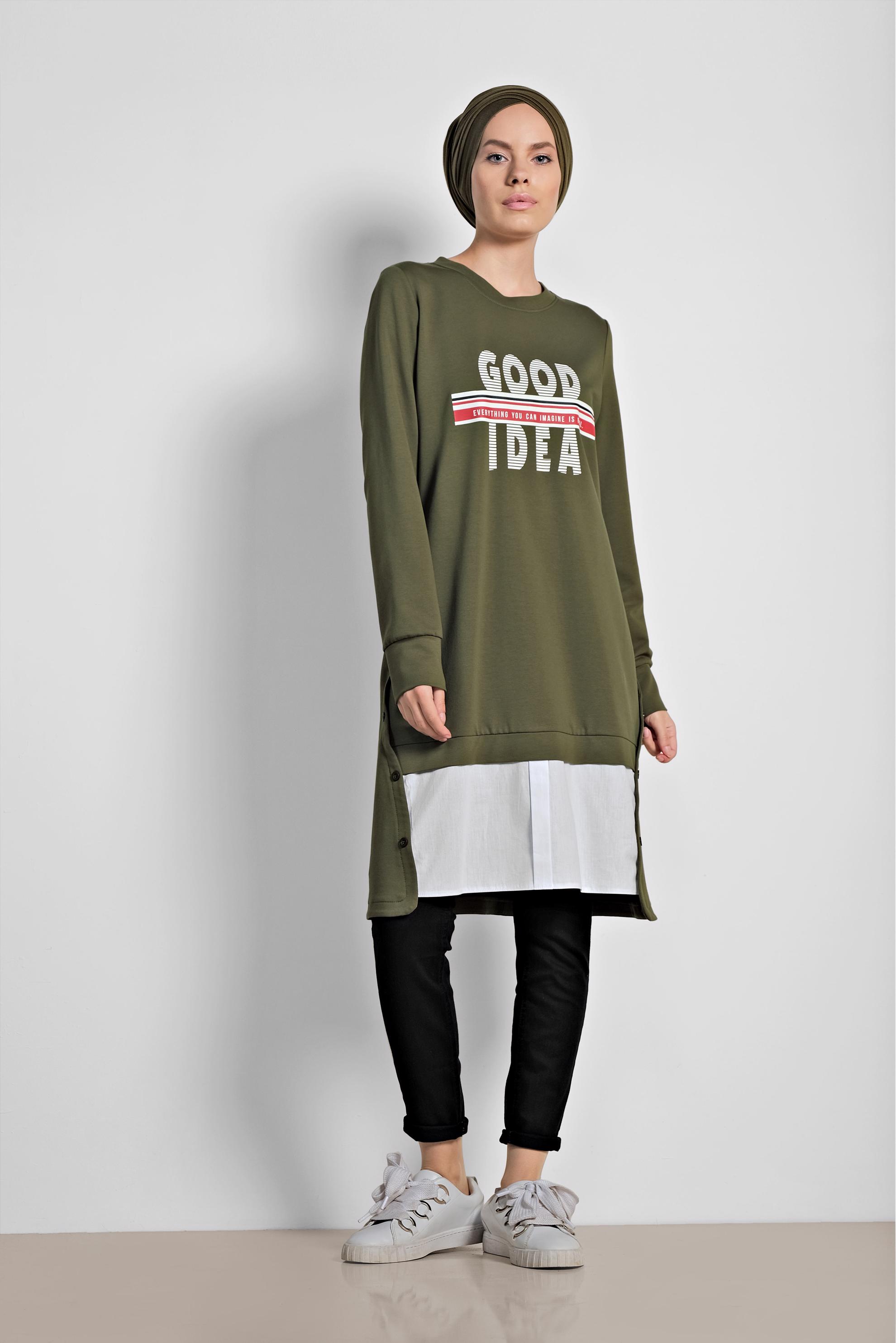 Hijab clothing KHAKI BUTTON DETAIL SPORTS TUNIC 4896 