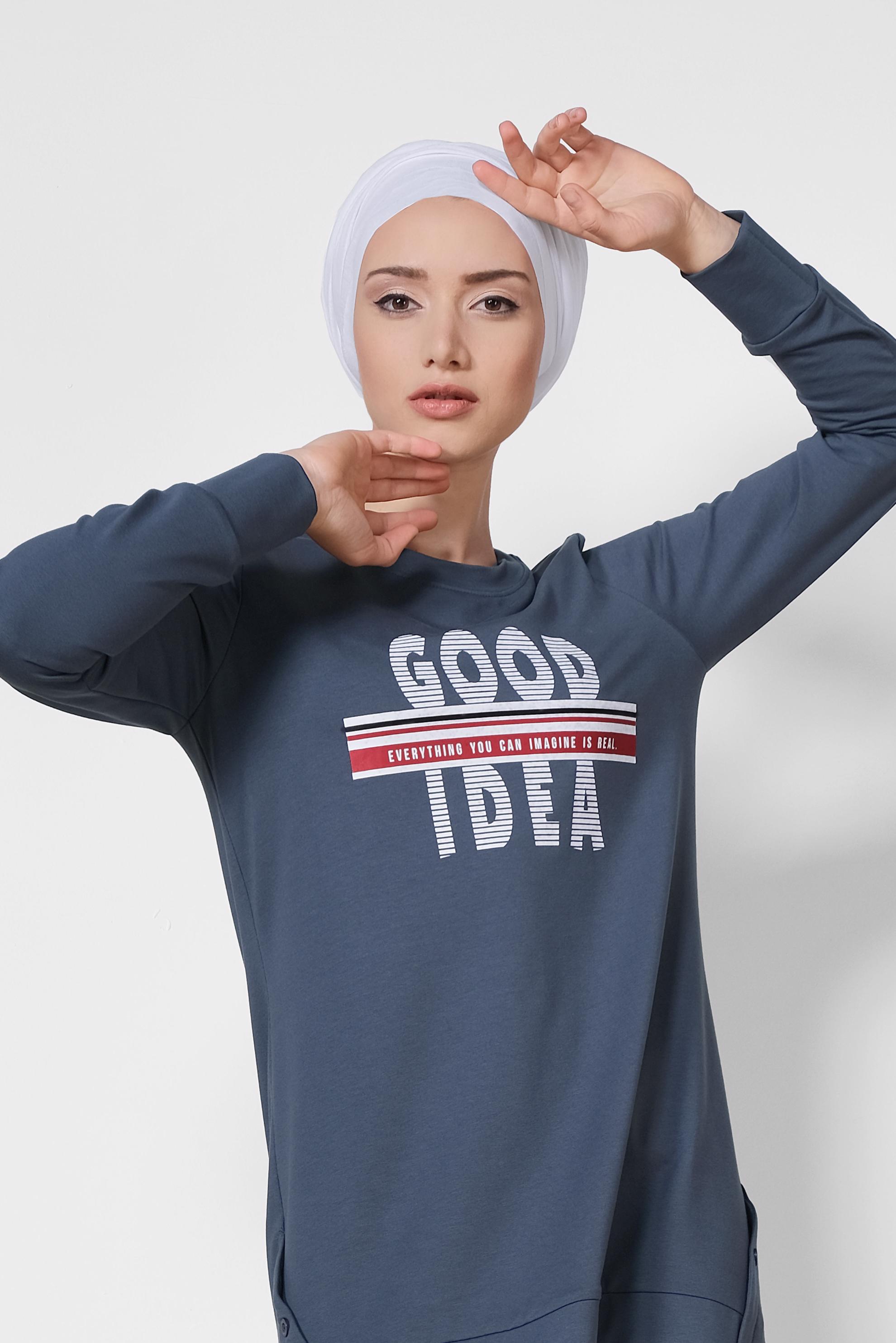 Tesettür giyim LACİVERT YANDAN DÜĞME DETAYLI SPOR TUNİK 4896	