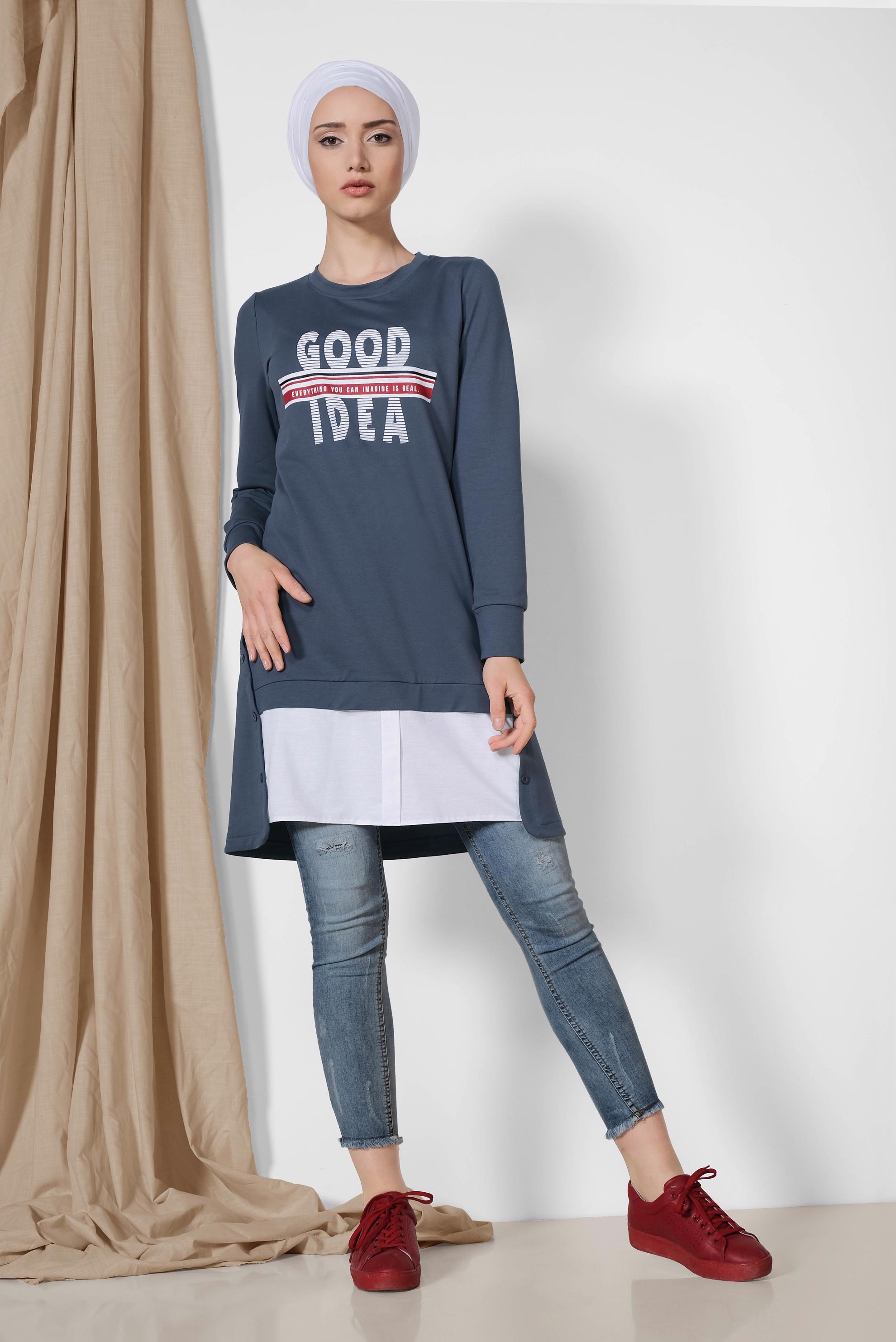 Tesettür giyim LACİVERT YANDAN DÜĞME DETAYLI SPOR TUNİK 4896	