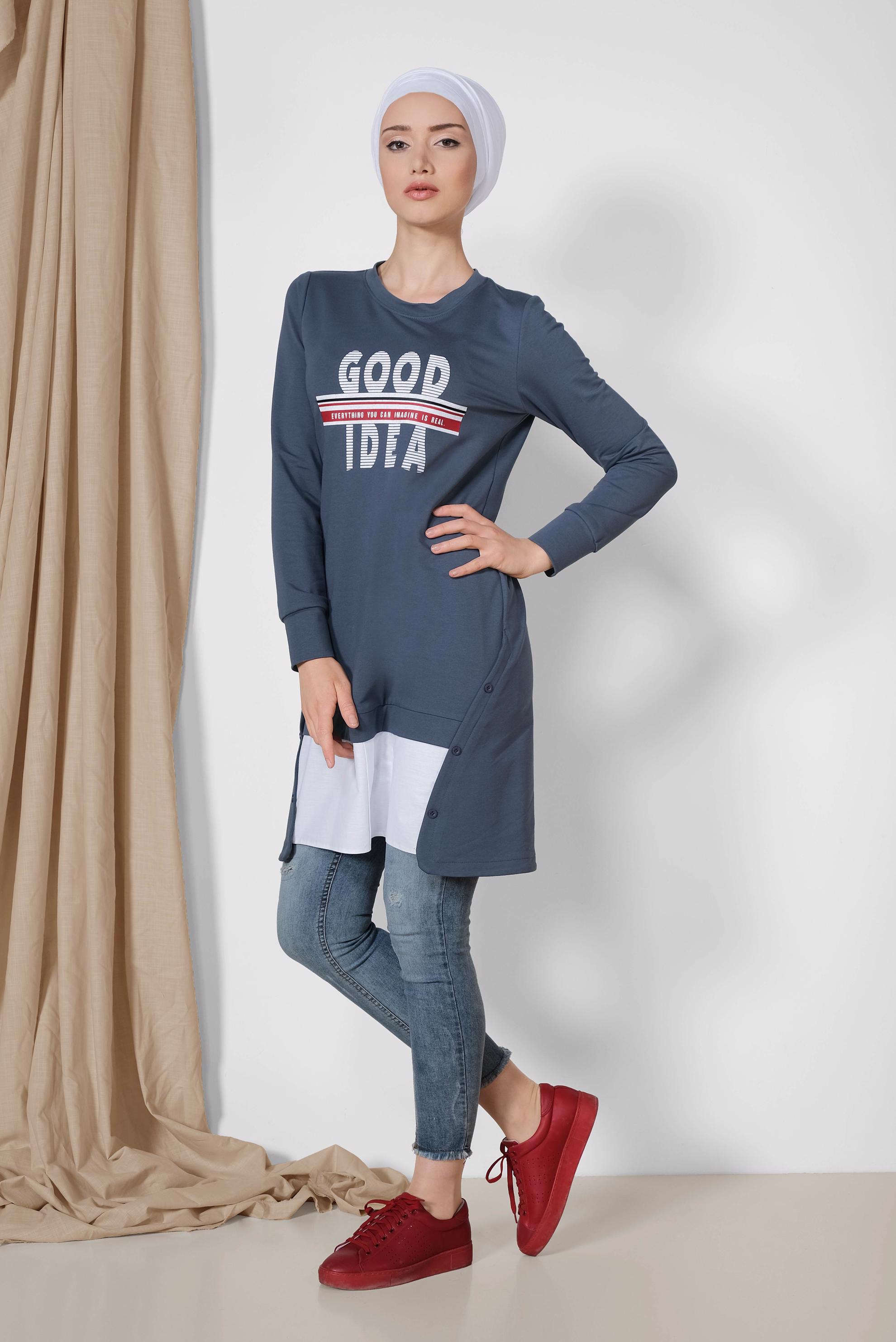 Tesettür giyim LACİVERT YANDAN DÜĞME DETAYLI SPOR TUNİK 4896	