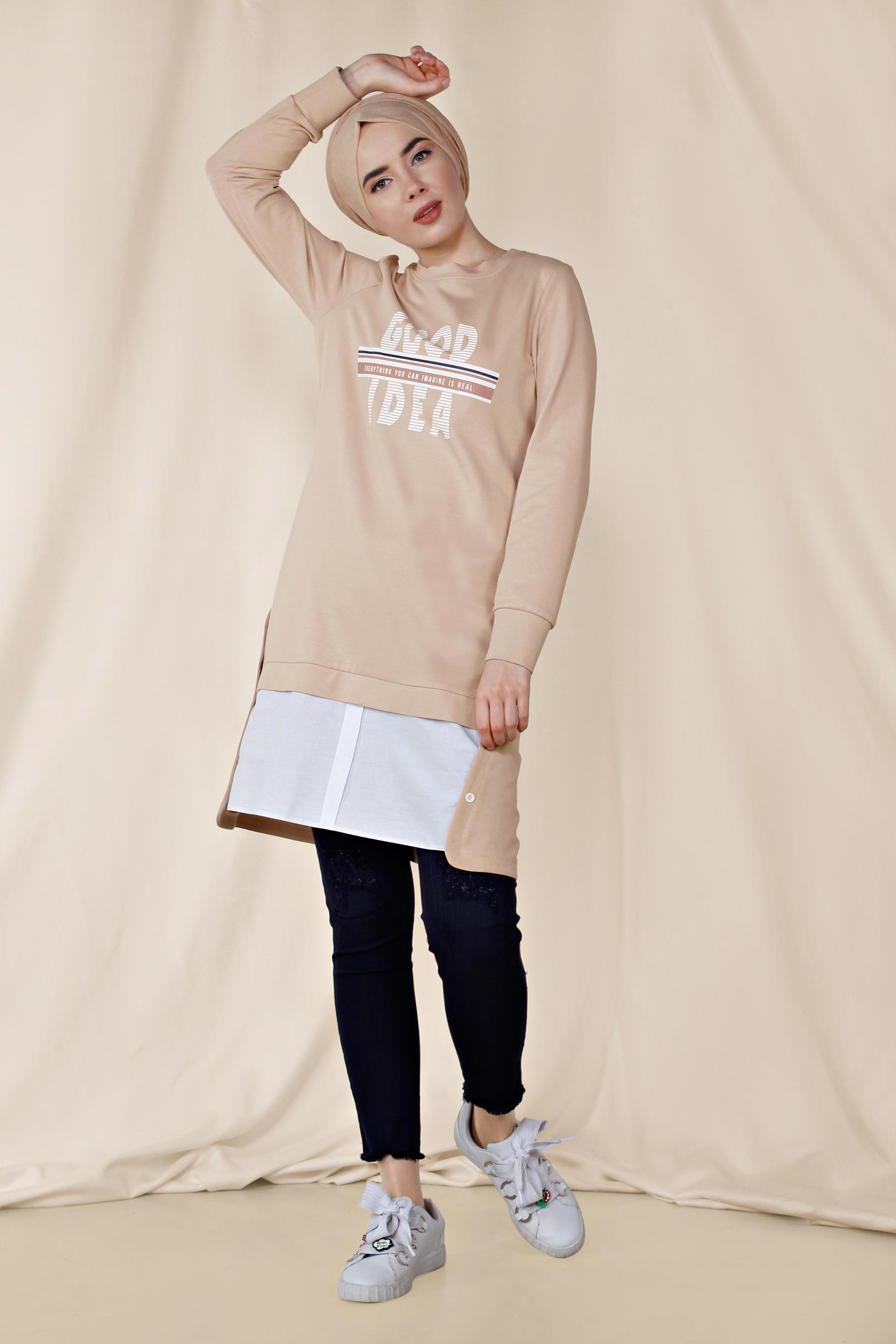 Tesettür giyim PUDRA YANDAN DÜĞME DETAYLI SPOR TUNİK 4896	