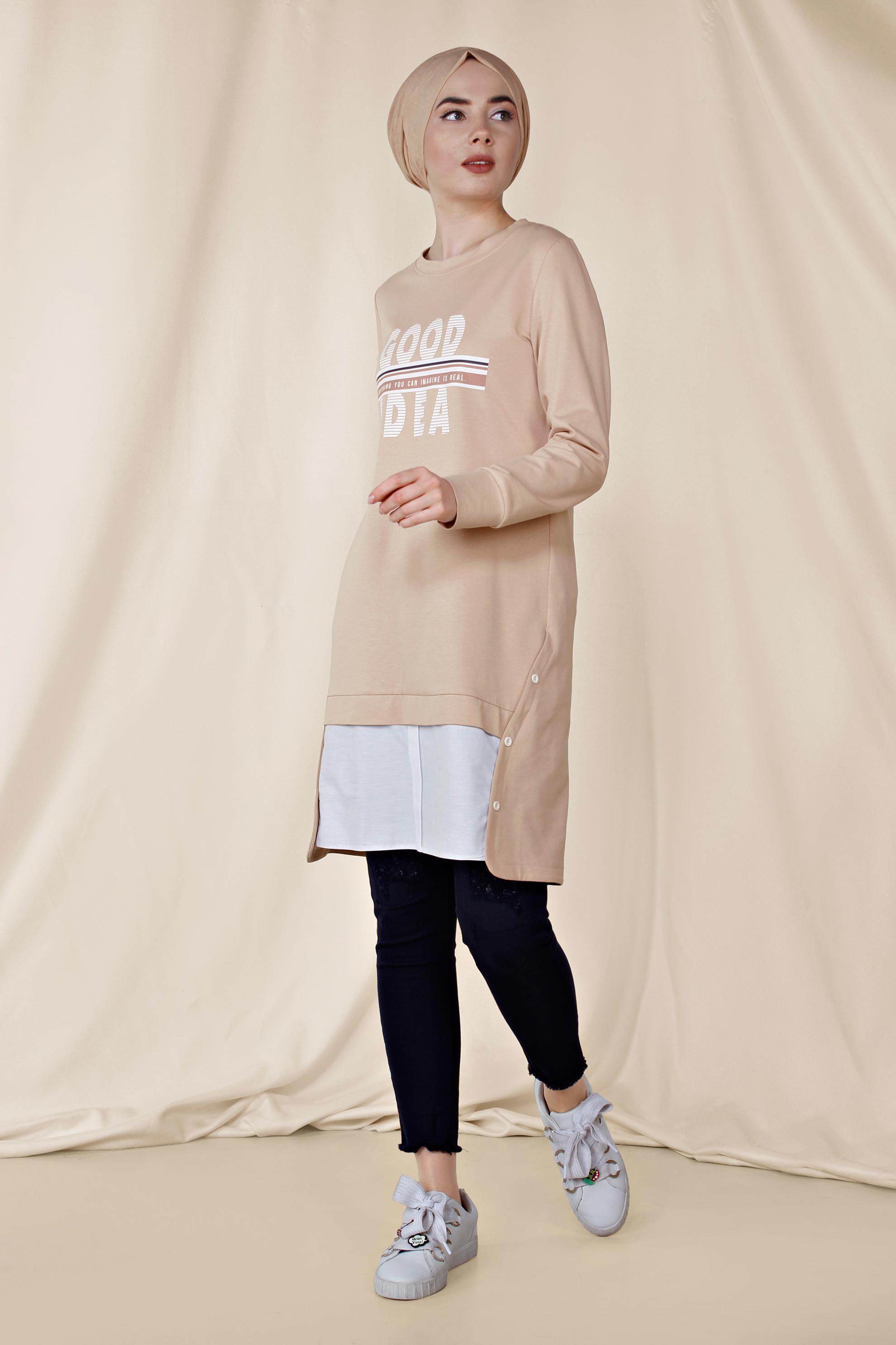 Tesettür giyim PUDRA YANDAN DÜĞME DETAYLI SPOR TUNİK 4896	