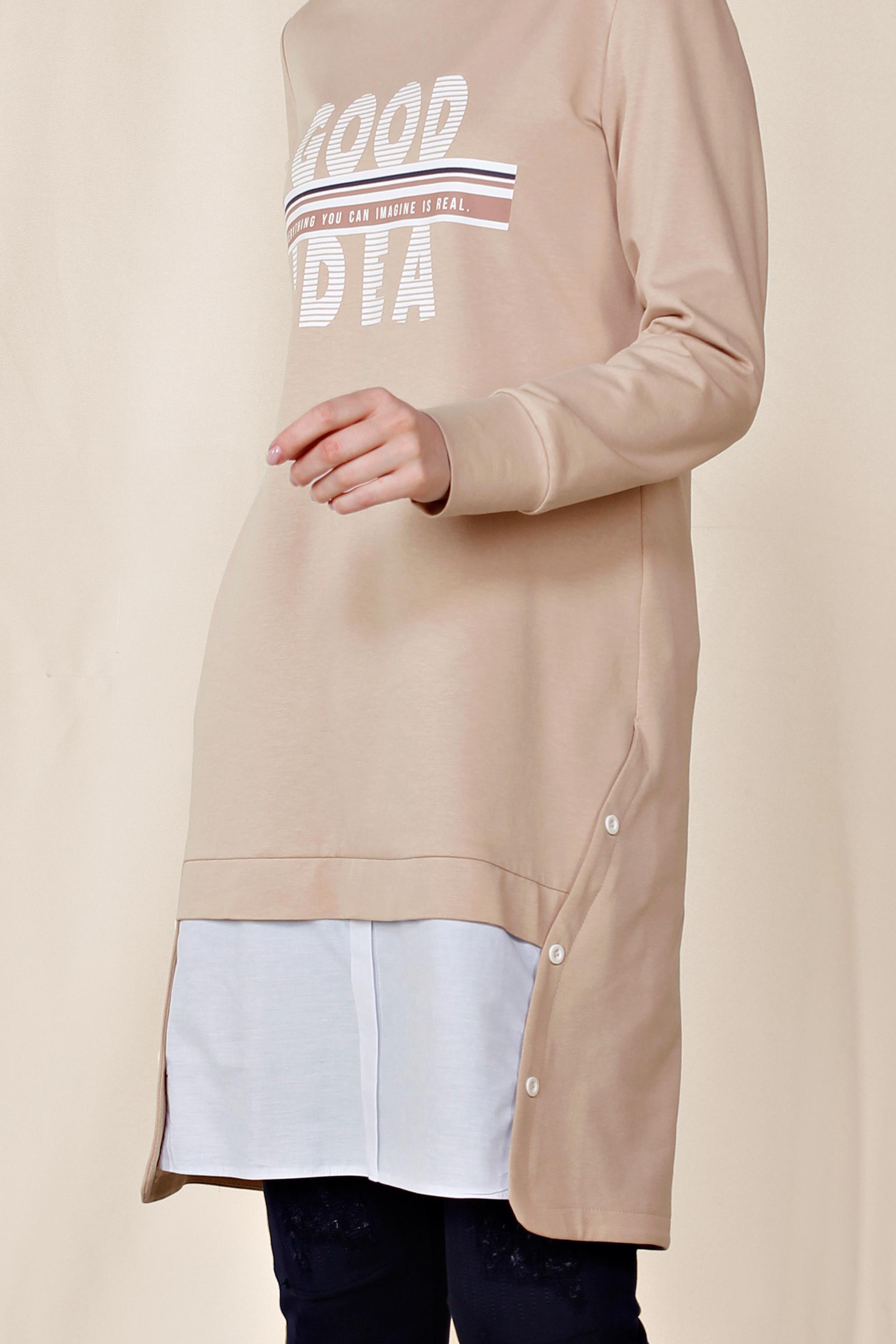 Tesettür giyim PUDRA YANDAN DÜĞME DETAYLI SPOR TUNİK 4896	