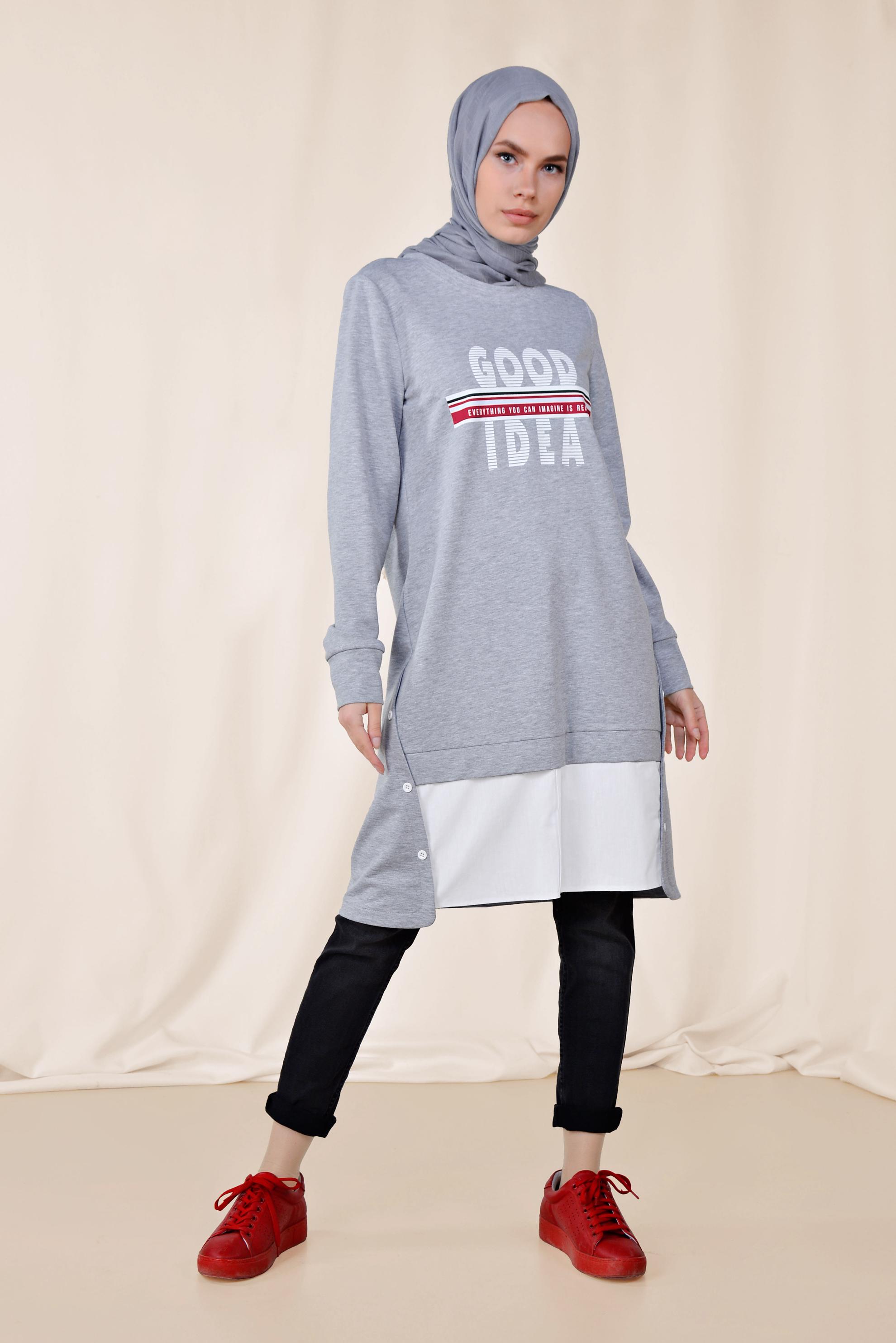 Hijab clothing GREY BUTTON DETAIL SPORTS TUNIC 4896 