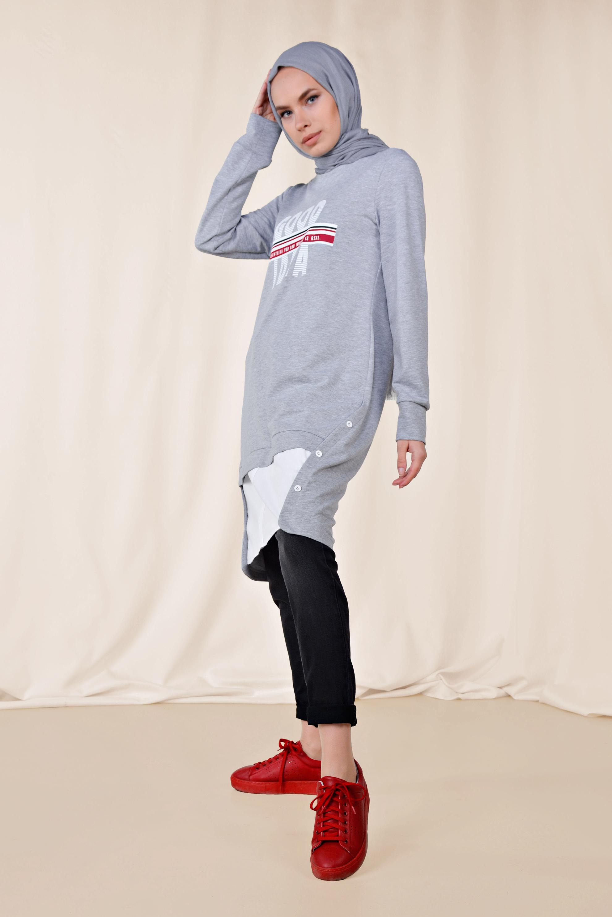 Hijab clothing GREY BUTTON DETAIL SPORTS TUNIC 4896 