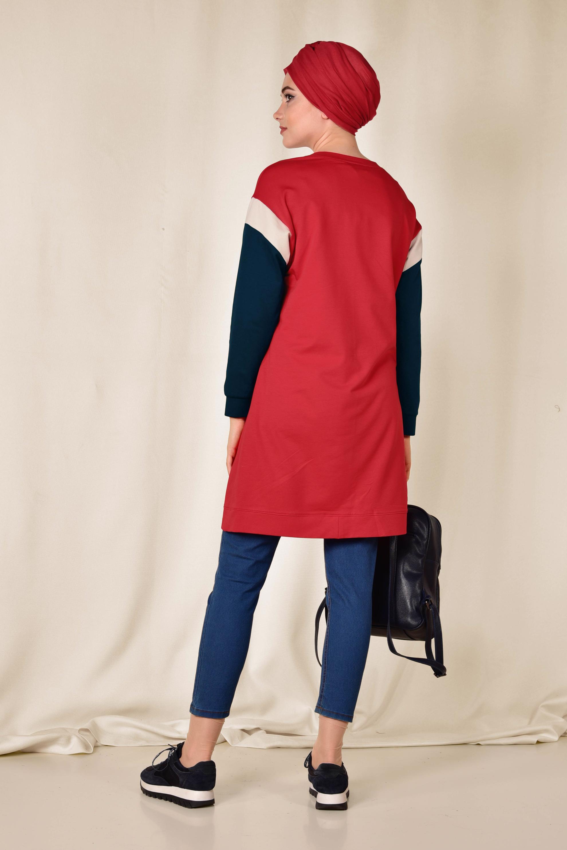 Tesettür giyim KIRMIZI YAZI DETAYLI PAMUKLU EŞOFMAN TUNİK 4899