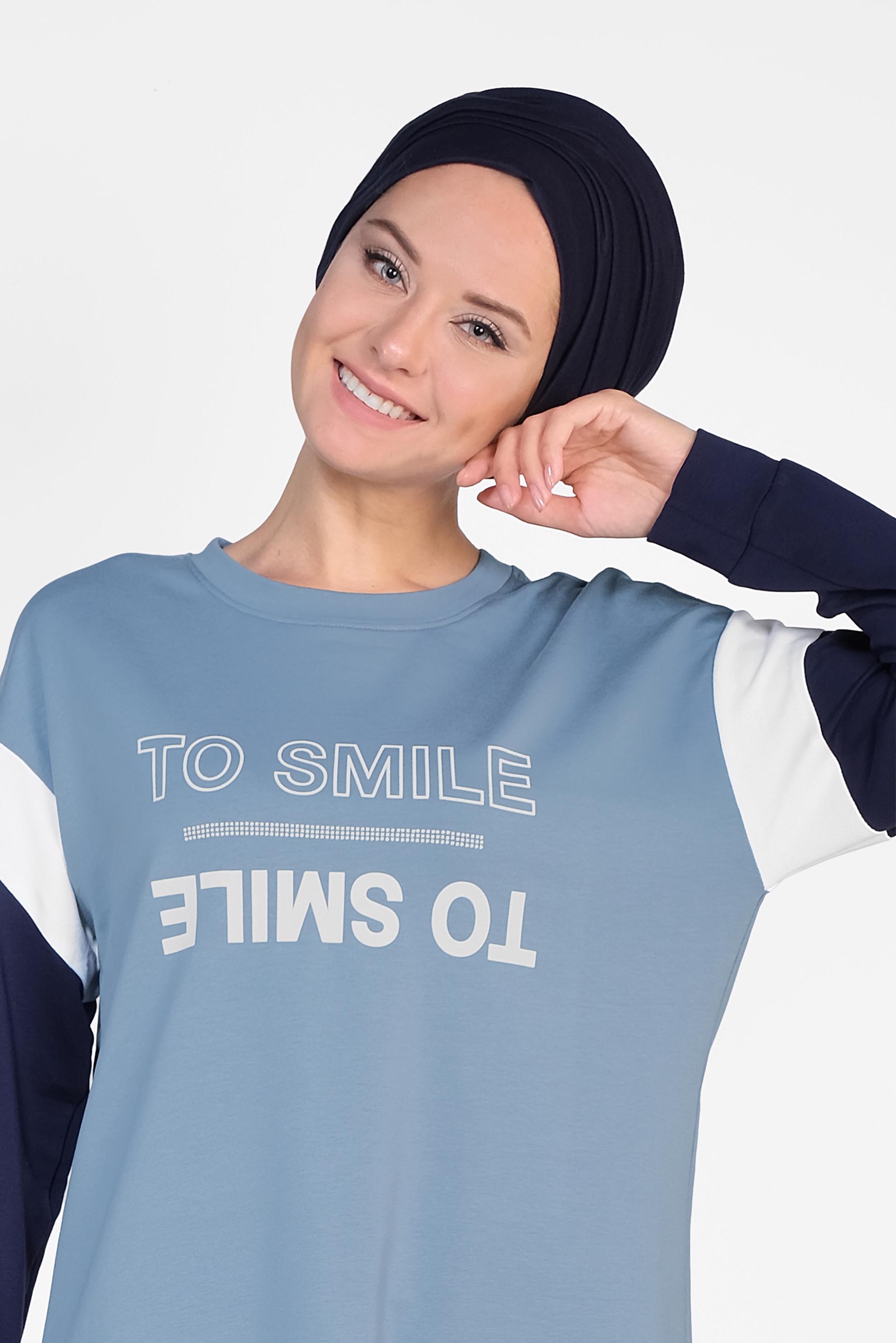 Tesettür giyim MAVİ YAZI DETAYLI PAMUKLU EŞOFMAN TUNİK 4899
