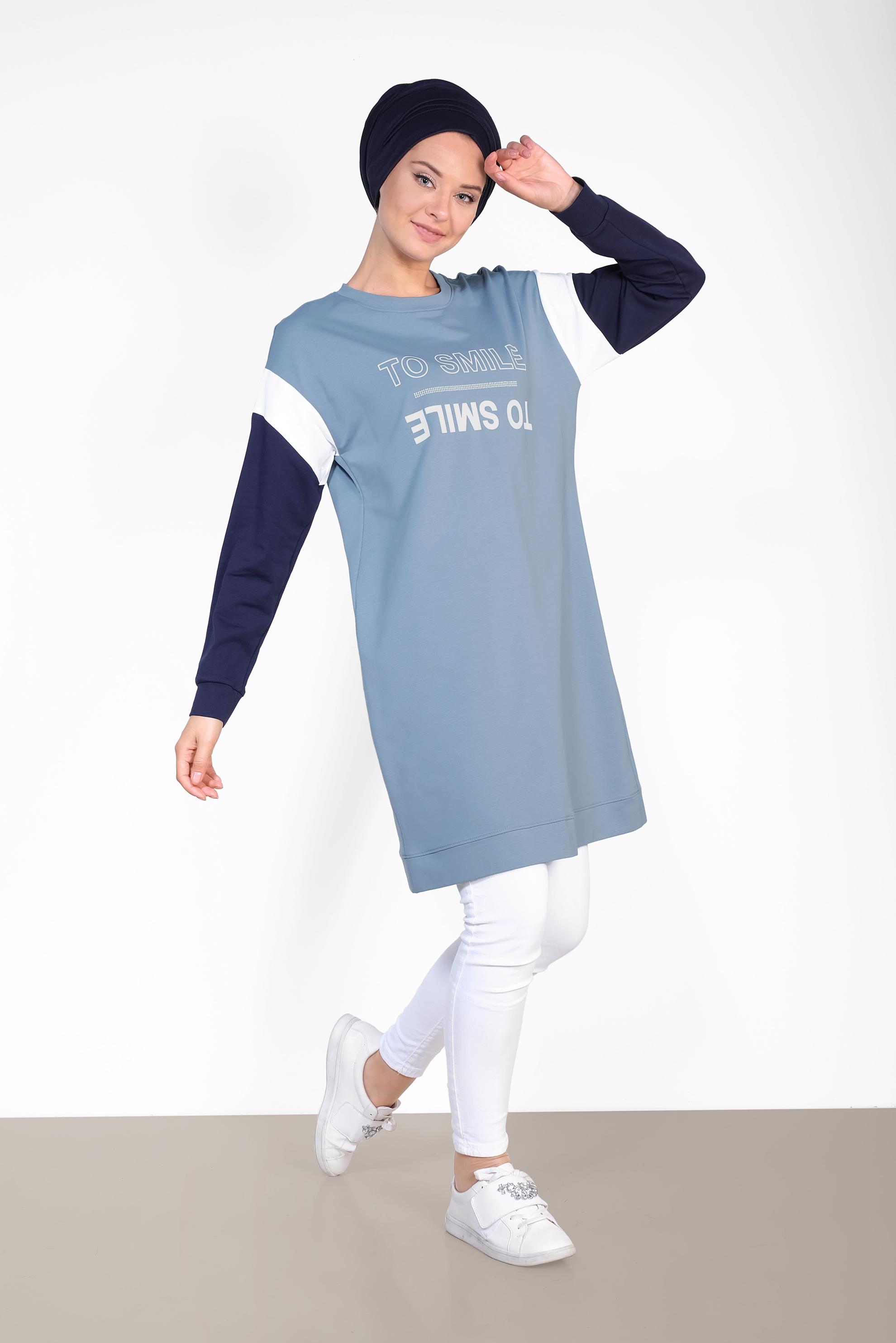 Tesettür giyim MAVİ YAZI DETAYLI PAMUKLU EŞOFMAN TUNİK 4899