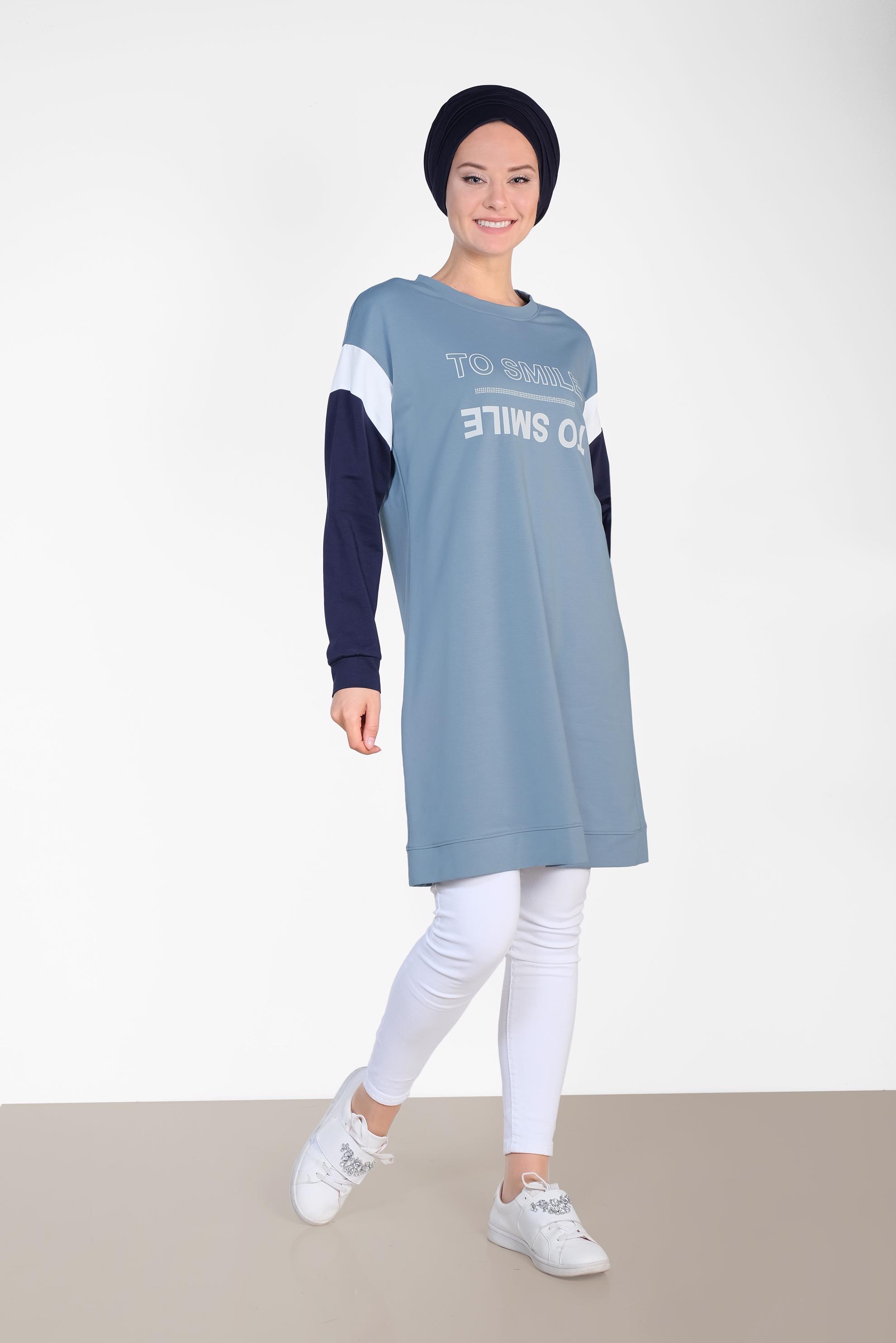 Tesettür giyim MAVİ YAZI DETAYLI PAMUKLU EŞOFMAN TUNİK 4899