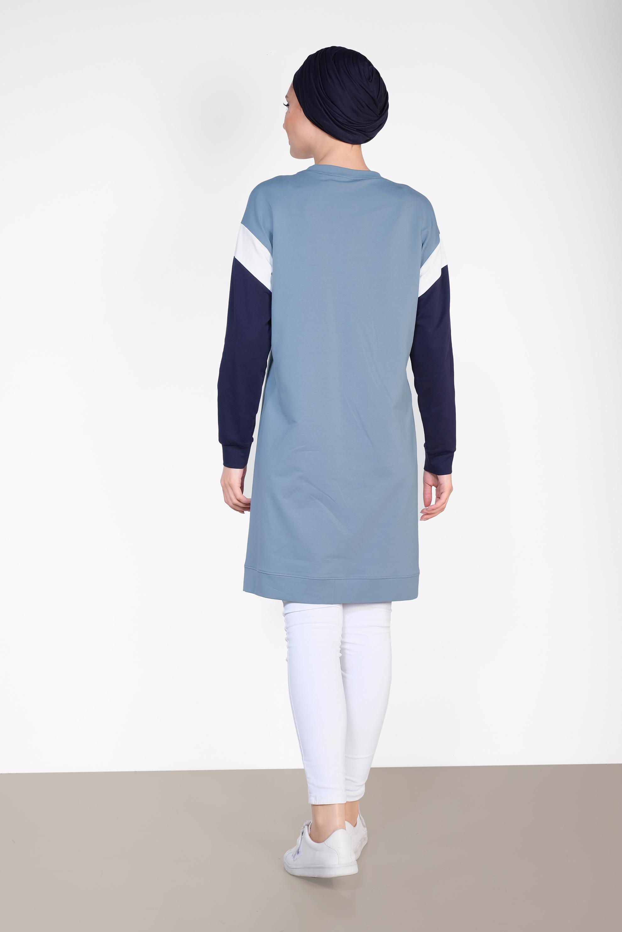 Tesettür giyim MAVİ YAZI DETAYLI PAMUKLU EŞOFMAN TUNİK 4899