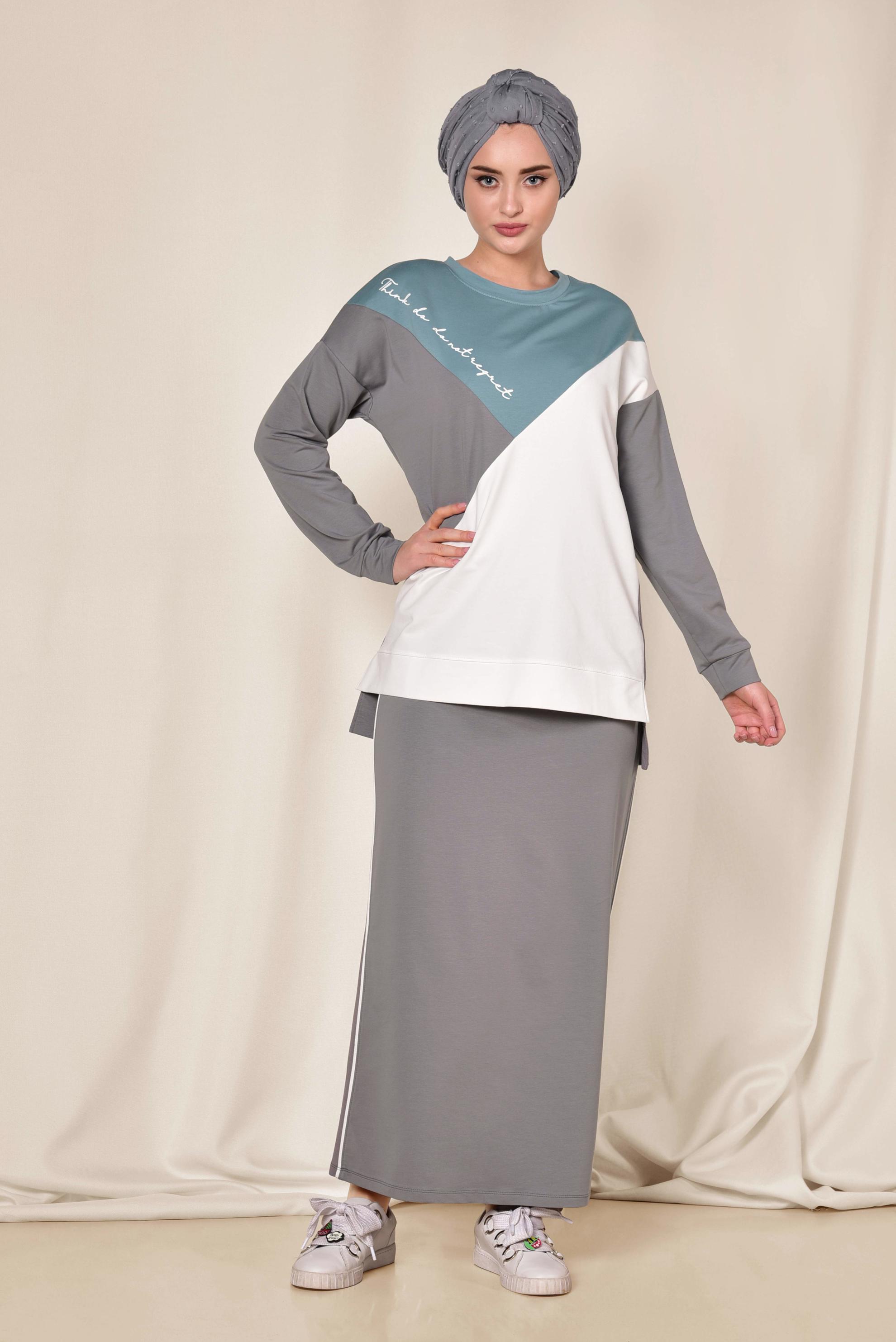 Tesettür giyim GRİ YAZI DETAYLI 3 RENKLİ İKİLİ ETEKLİ TAKIM