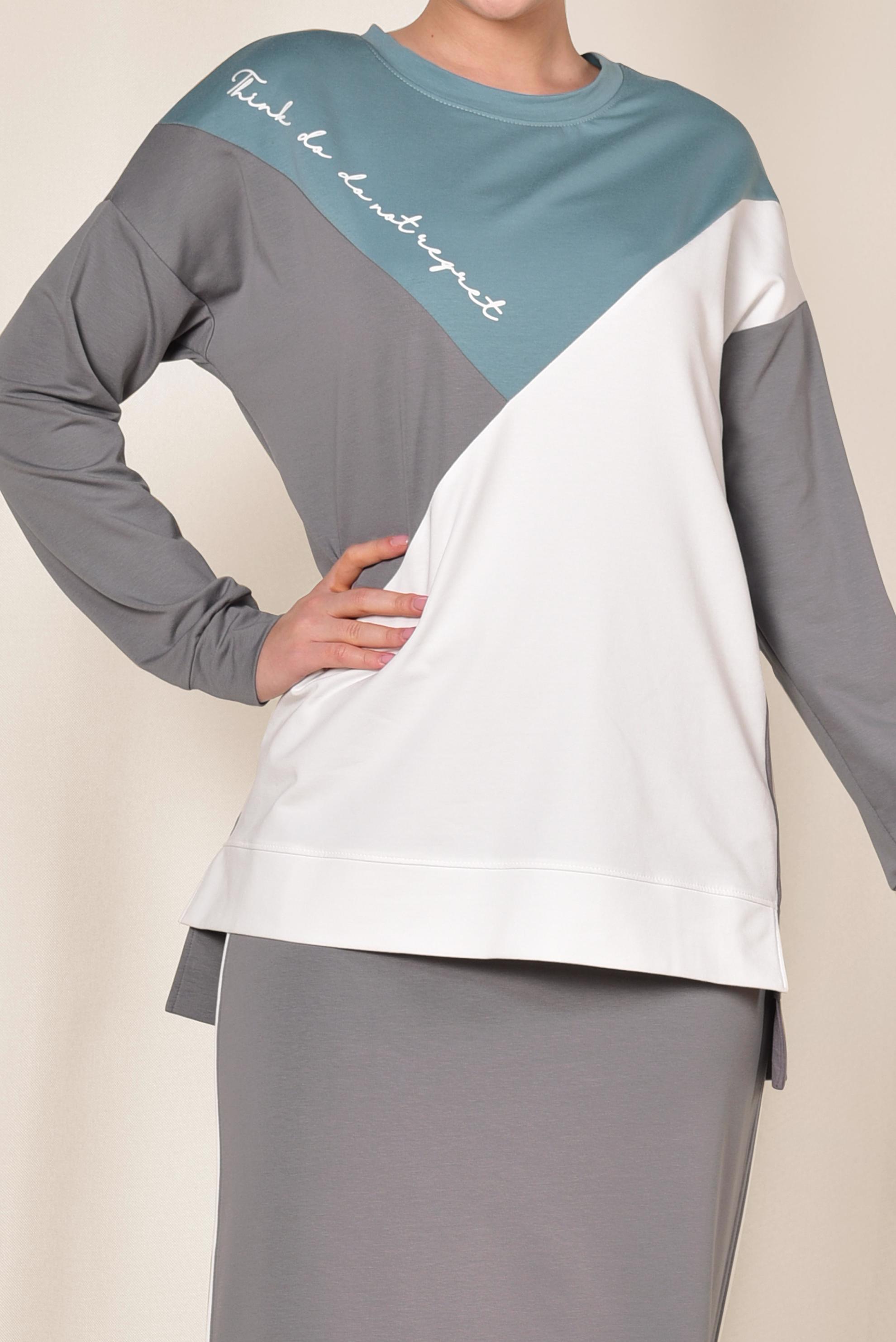 Tesettür giyim GRİ YAZI DETAYLI 3 RENKLİ İKİLİ ETEKLİ TAKIM