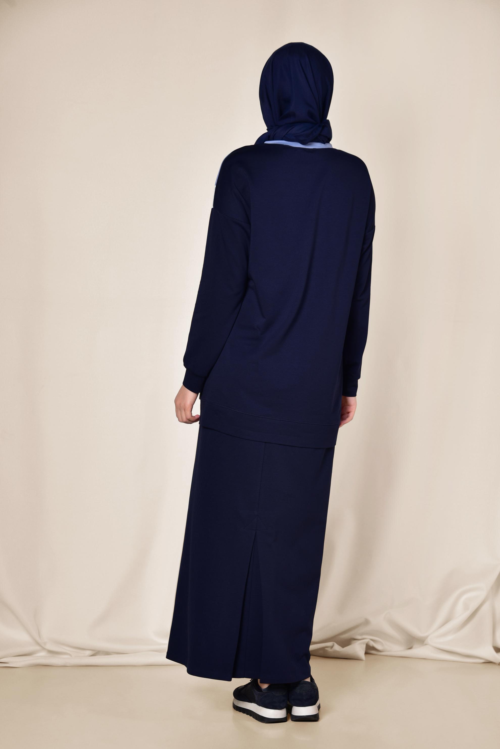 Tesettür giyim LACİVERT YAZI DETAYLI 3 RENKLİ İKİLİ ETEKLİ TAKIM