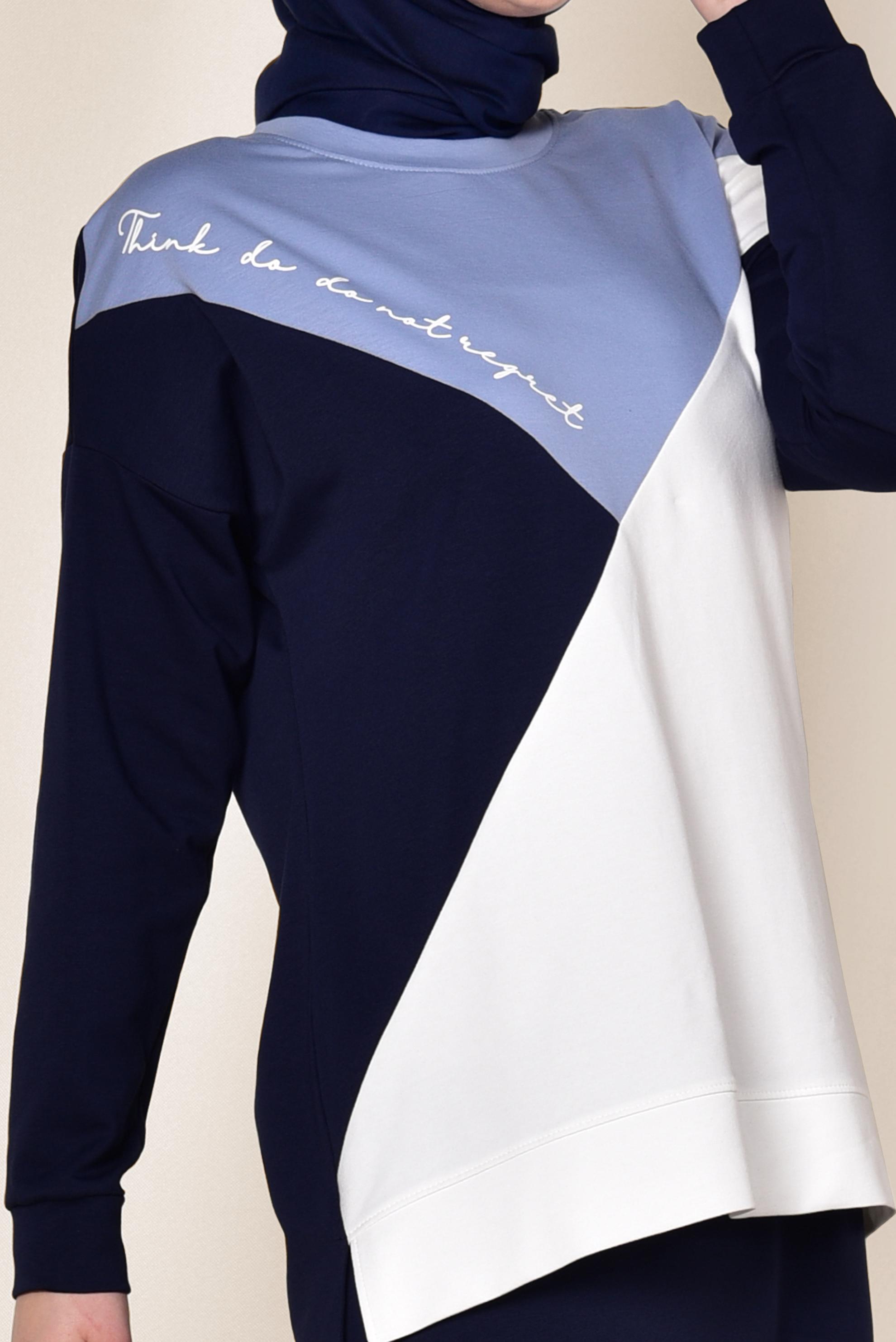 Tesettür giyim LACİVERT YAZI DETAYLI 3 RENKLİ İKİLİ ETEKLİ TAKIM