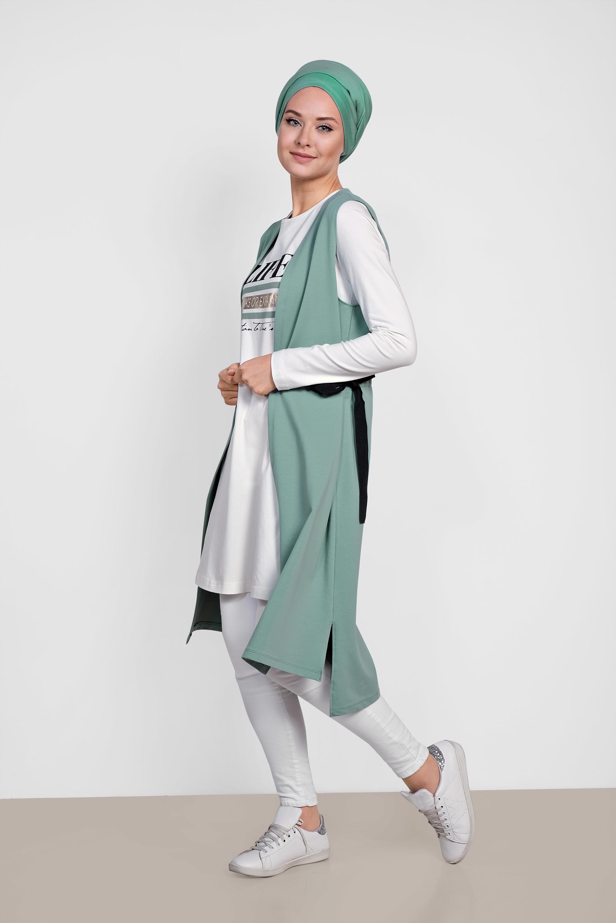 Tesettür giyim YEŞİL PAMUKLU YAZI BASKILI İKİLİ TUNİK 4951