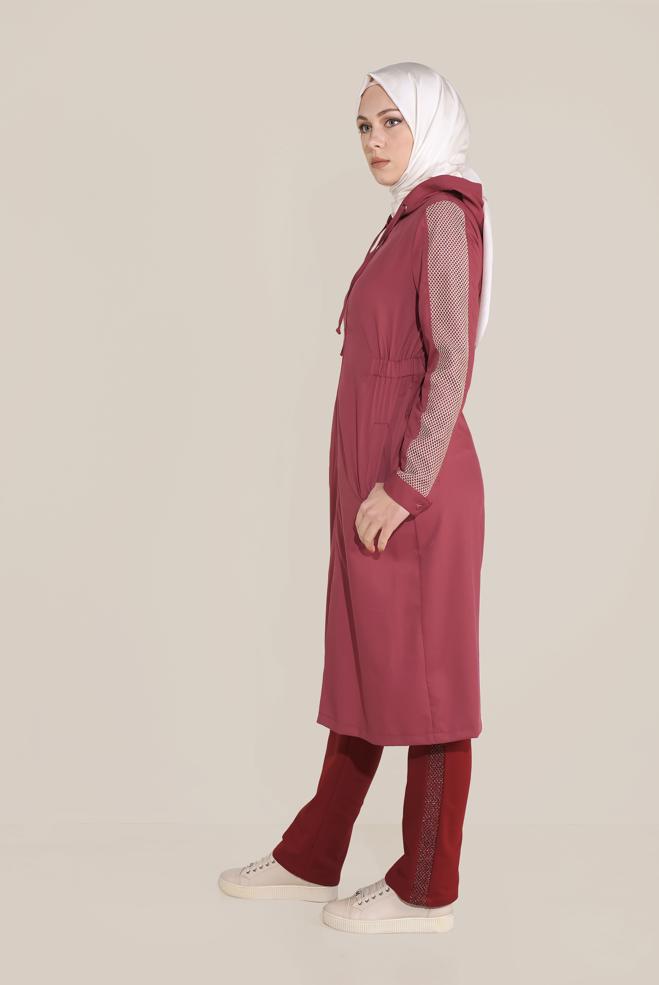 Vêtements hijab ROUGE BORDEAUX DESSOUS SURVÊTEMENT EN COTON AVEC DÉTAILLES-BANDES 7602 - ALVİNA