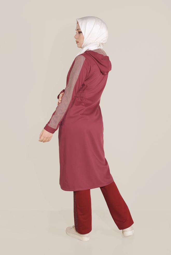 Vêtements hijab ROUGE BORDEAUX DESSOUS SURVÊTEMENT EN COTON AVEC DÉTAILLES-BANDES 7602 - ALVİNA