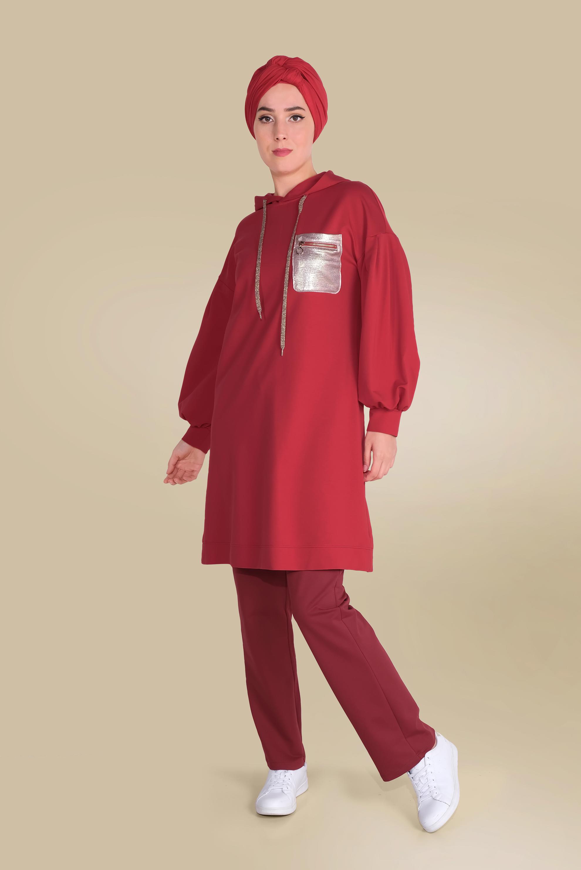 Hijab clothing CLARET RED TIE DETAIL COTTON TRACKSUIT PANTS 7604 