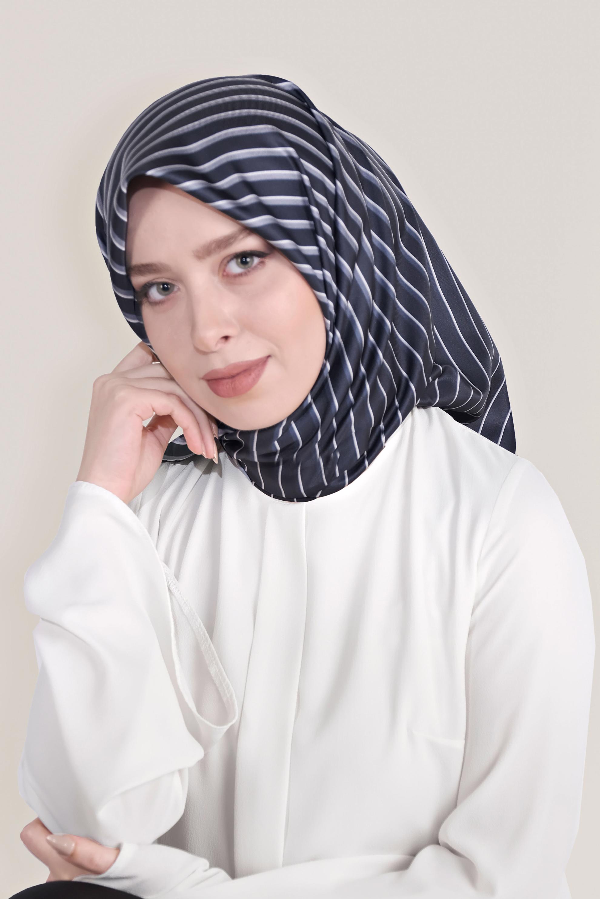 Vêtements hijab BLEU MARINE FOULARD A RAYURES ALVİNA 8031