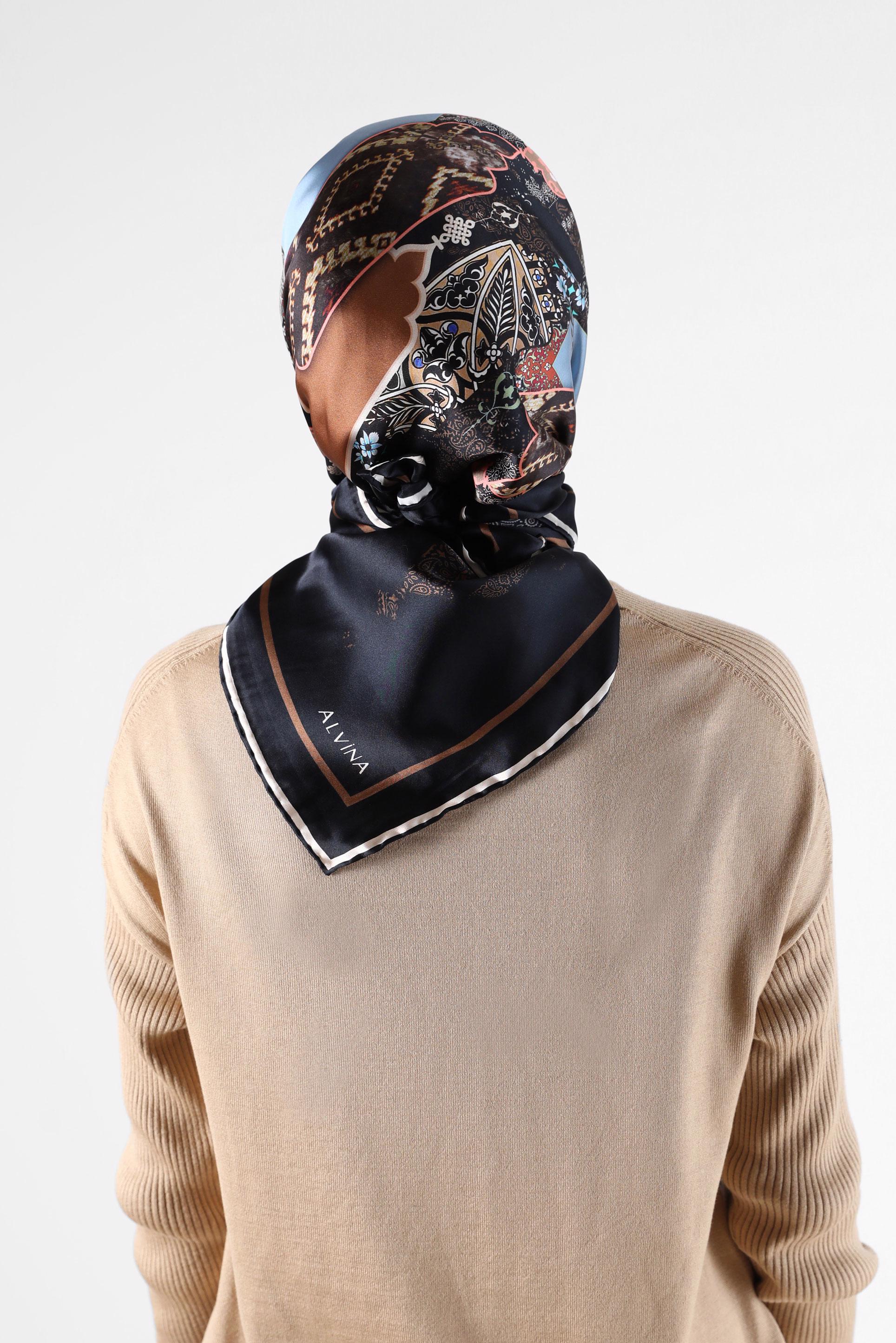 Tesettür giyim SİYAH ALVİNA DESENLİ İPEK EŞARP 31169 