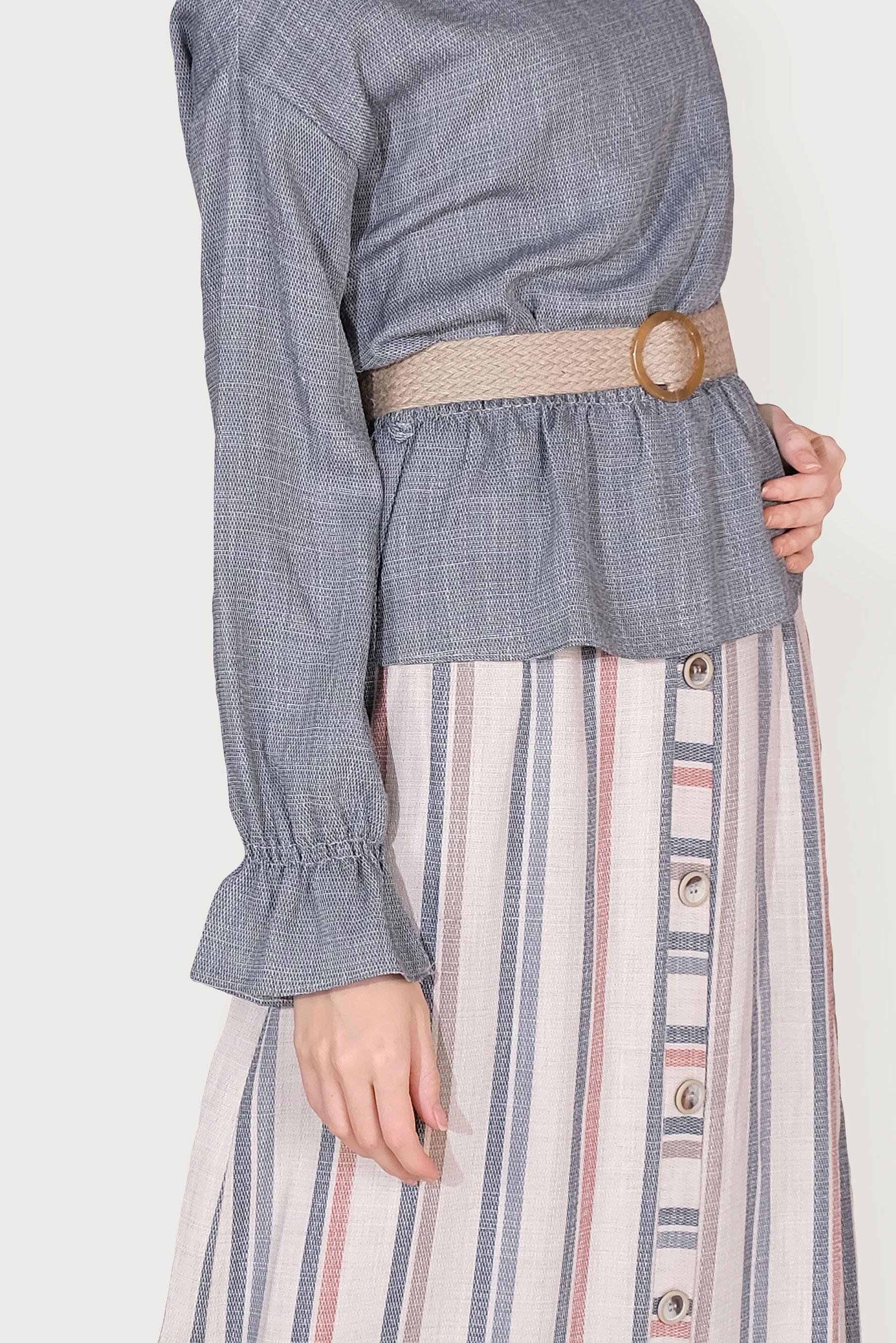 Tesettür giyim LACİVERT KOLLARI BÜZGÜ DETAYLI ÇİZGİLİ İKİLİ ETEKLİ TAKIM 4344-1