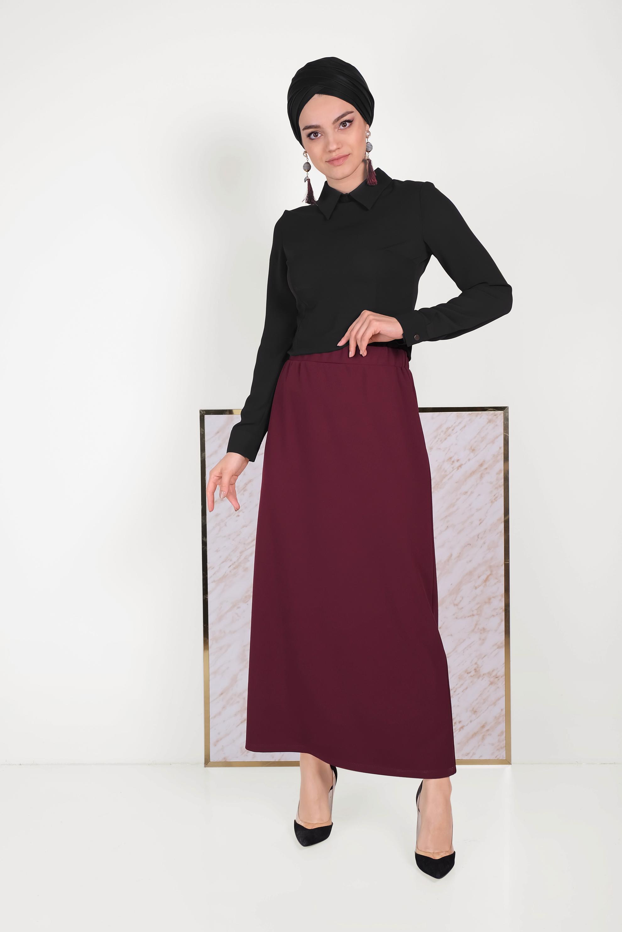 Tesettür giyim BORDO BELİ LASTİKLİ ETEK 60061