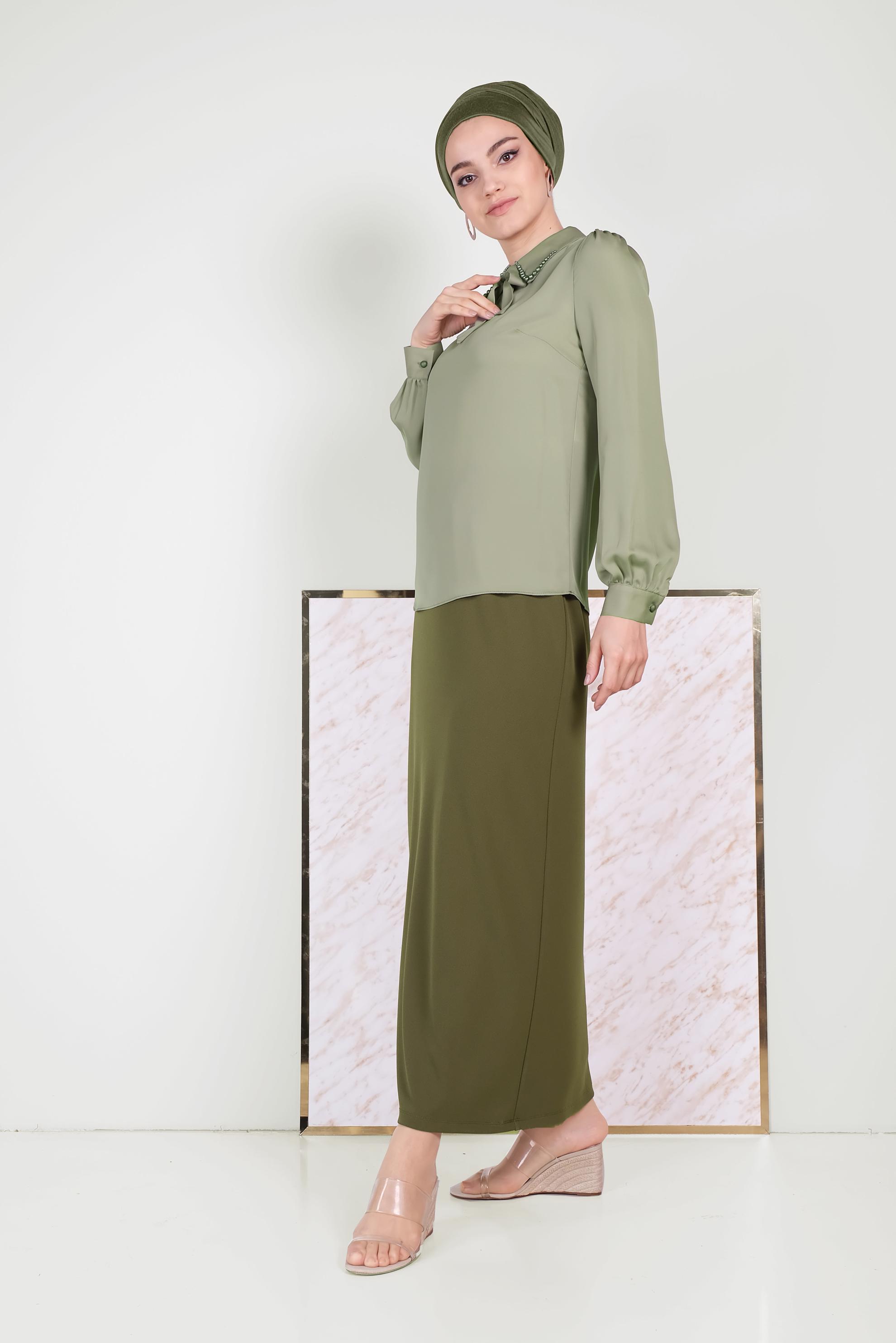 Tesettür giyim HAKİ BELİ LASTİKLİ ETEK 60061