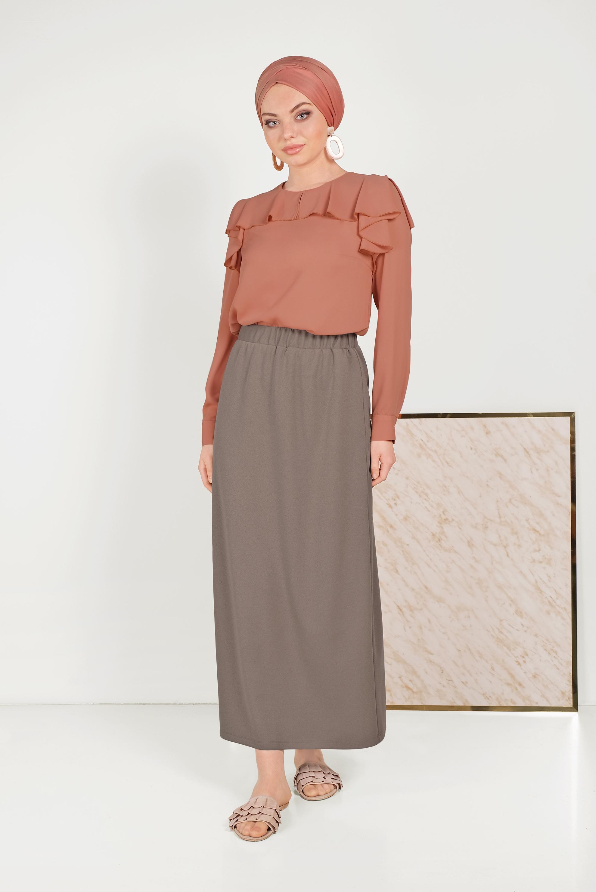 Tesettür giyim VİZON BELİ LASTİKLİ ETEK 60061
