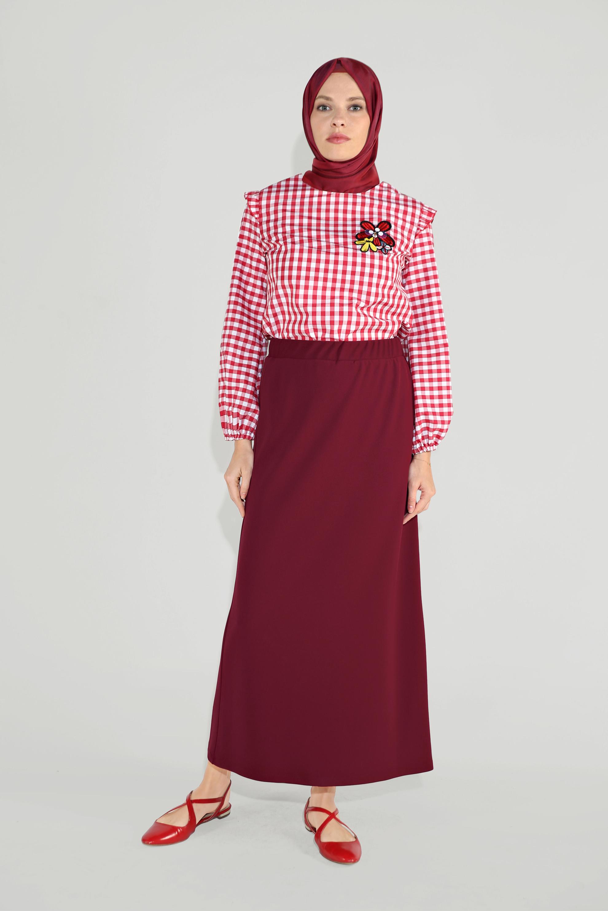 Tesettür giyim BORDO BELİ LASTİKLİ ETEK 60061