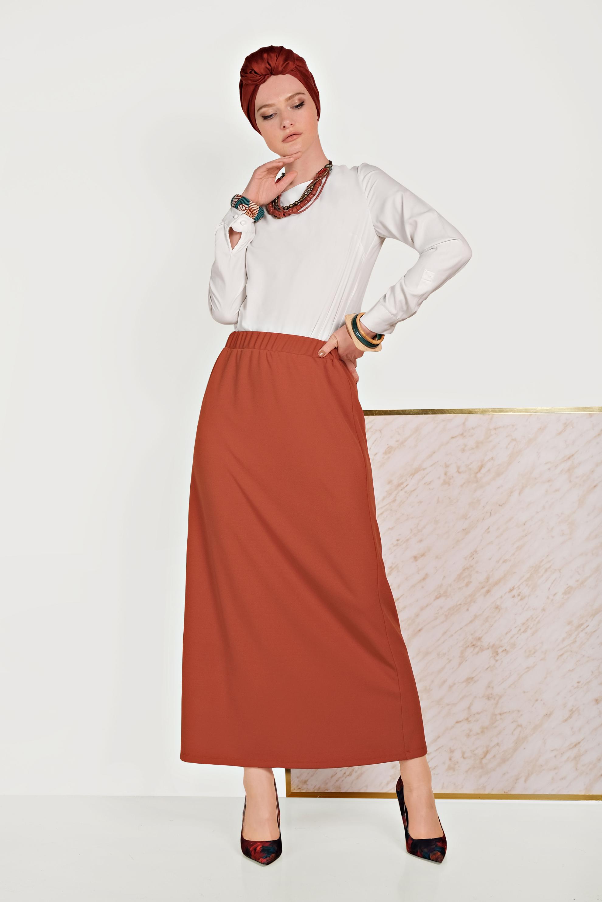 Tesettür giyim TURUNCU BELİ LASTİKLİ ETEK 60061