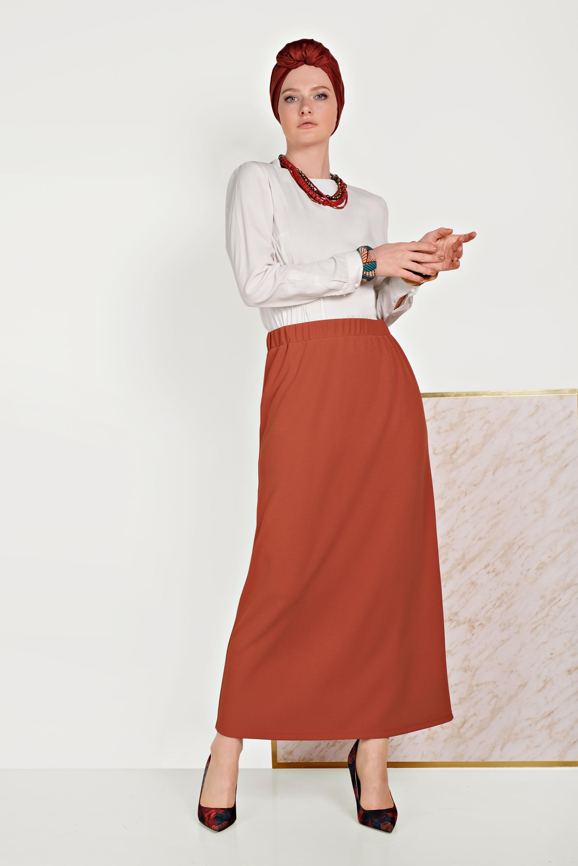 Tesettür giyim TURUNCU BELİ LASTİKLİ ETEK 60061