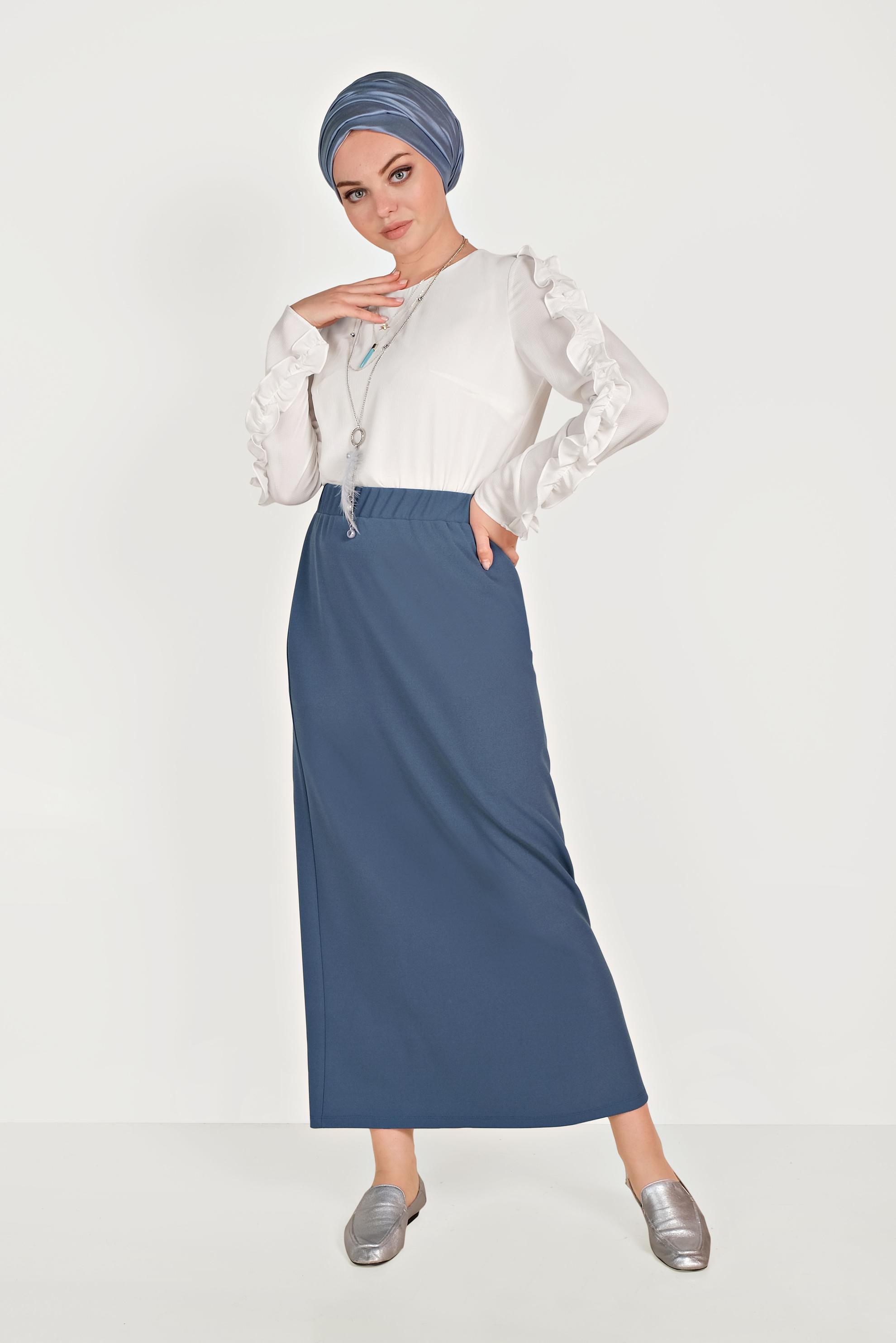 Tesettür giyim MAVİ BELİ LASTİKLİ ETEK 60061