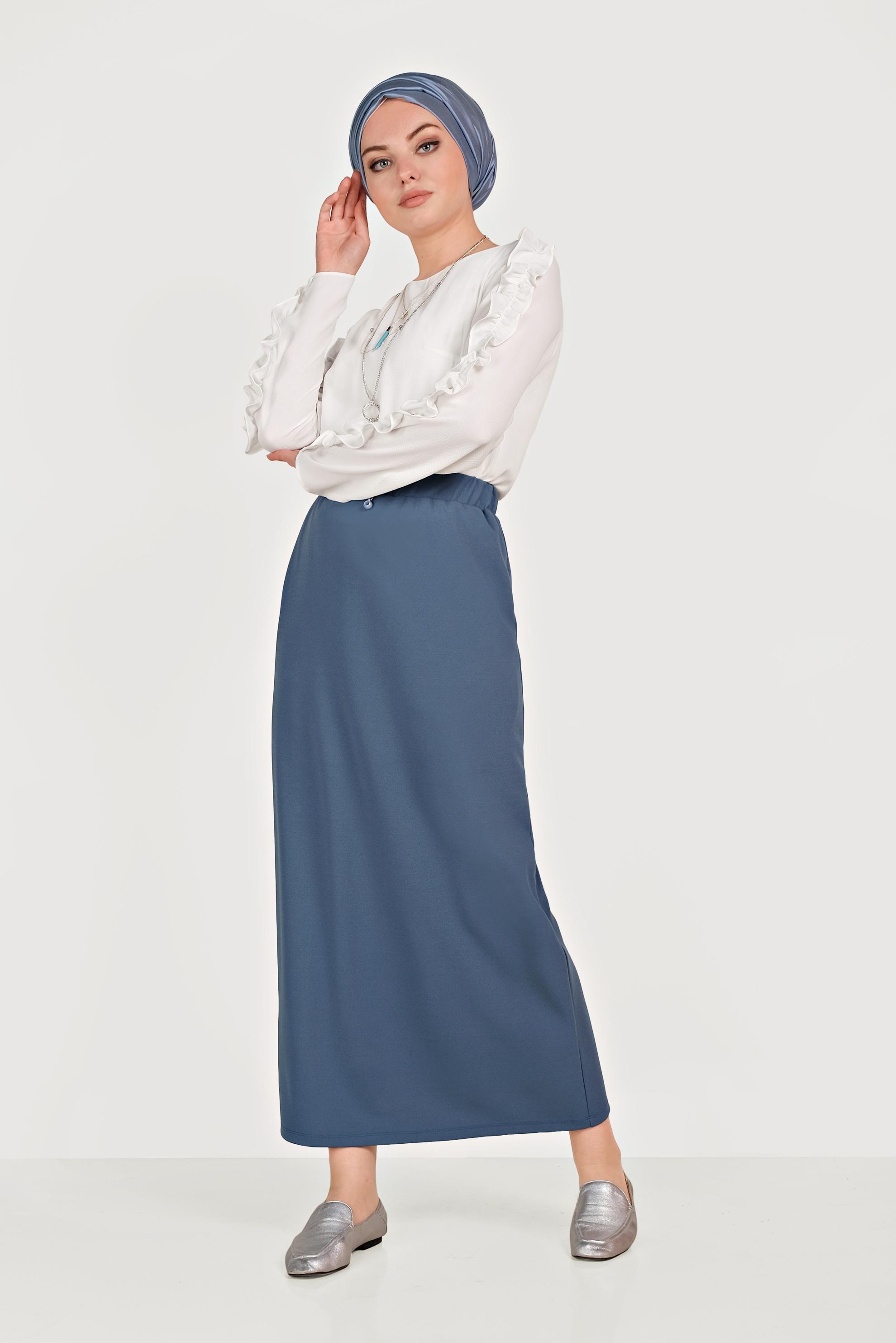 Tesettür giyim MAVİ BELİ LASTİKLİ ETEK 60061