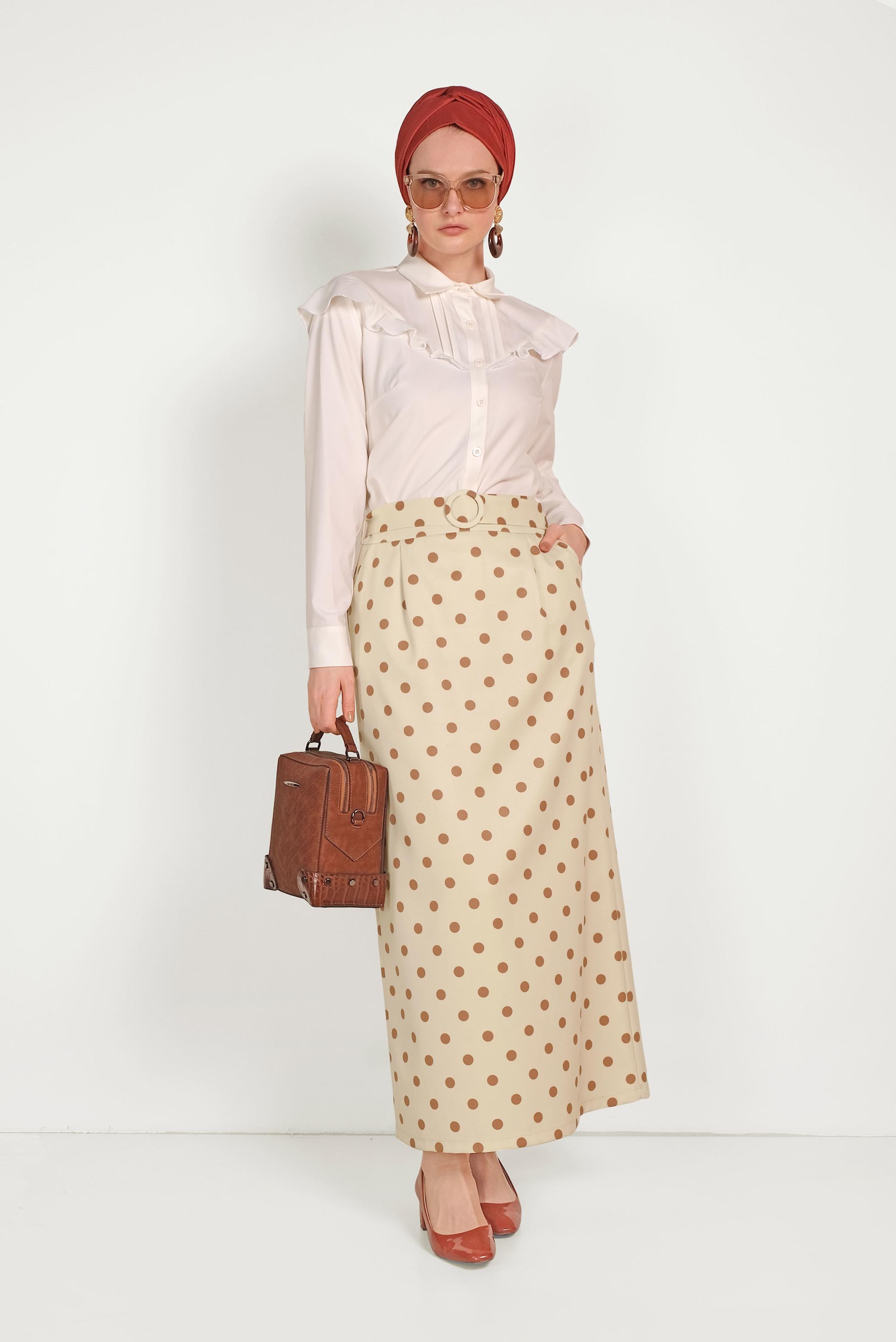 Hijab clothing BEIGE CLASSIC CUT POLKA-DOT SKIRT WITH POCKET 60064 