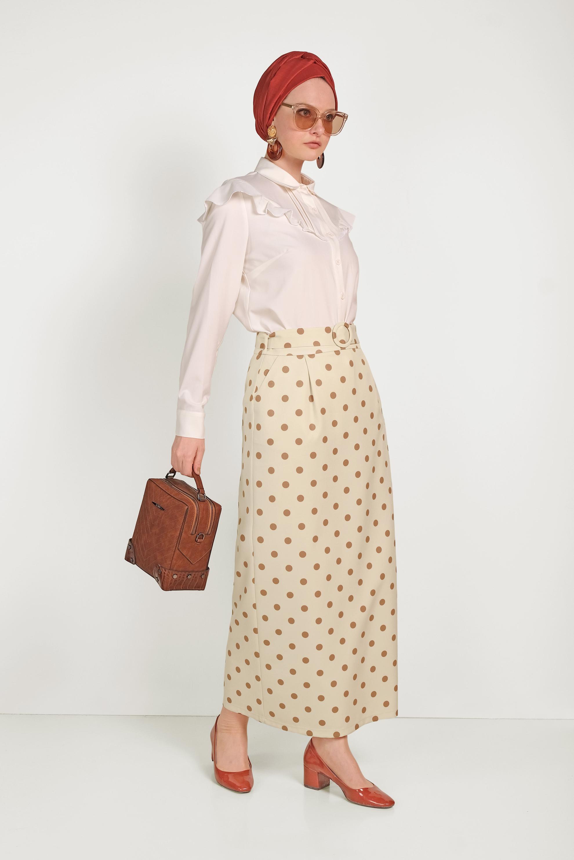 Hijab clothing BEIGE CLASSIC CUT POLKA-DOT SKIRT WITH POCKET 60064 