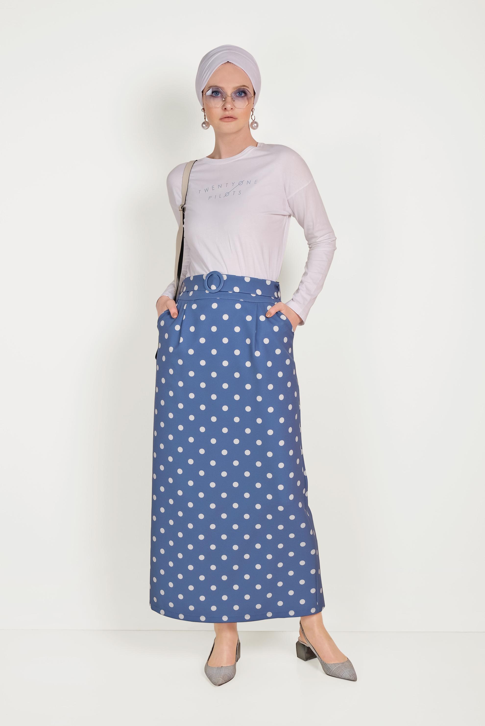 Hijab clothing NAVY BLUE CLASSIC CUT POLKA-DOT SKIRT WITH POCKET 60064 