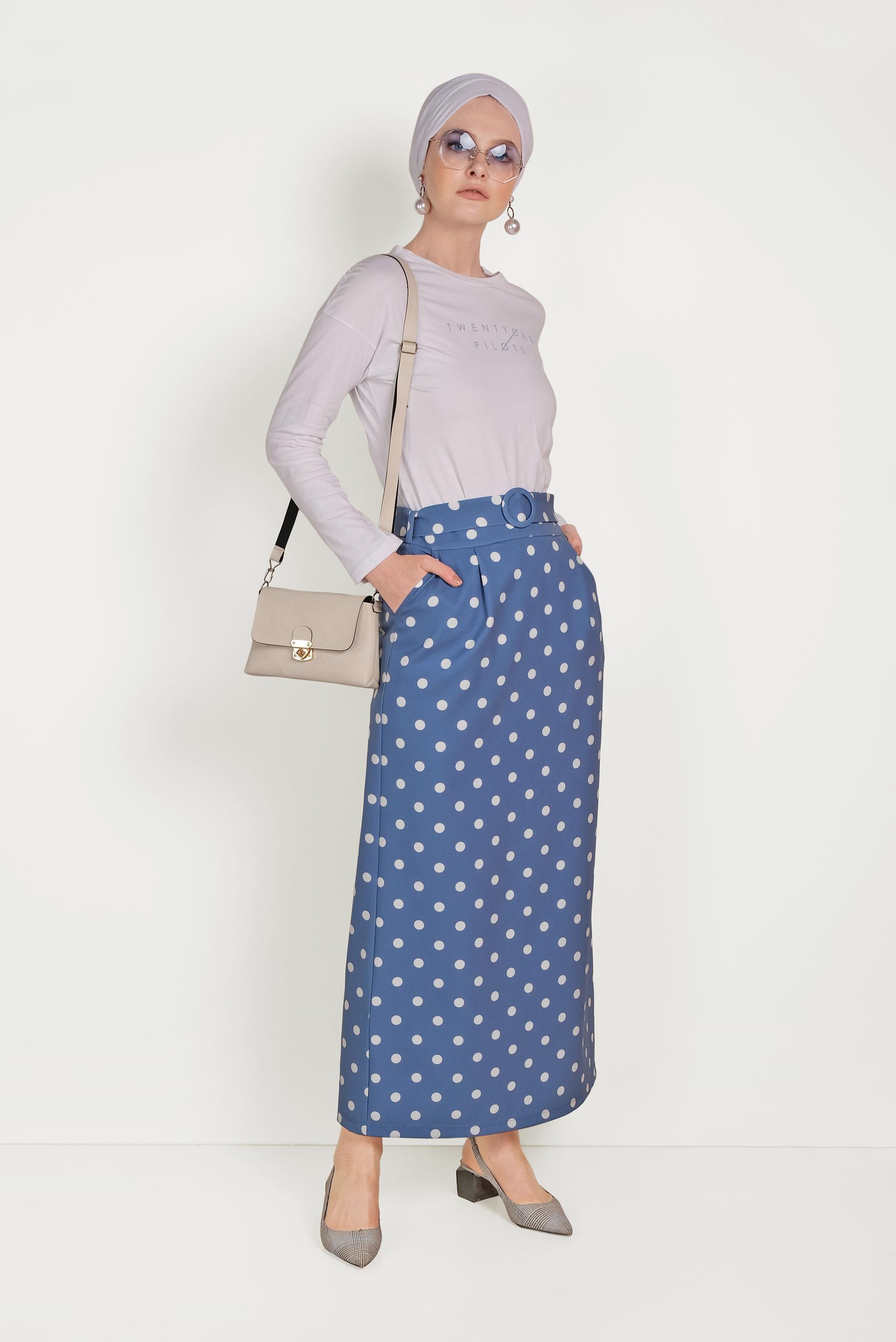 Hijab clothing NAVY BLUE CLASSIC CUT POLKA-DOT SKIRT WITH POCKET 60064 