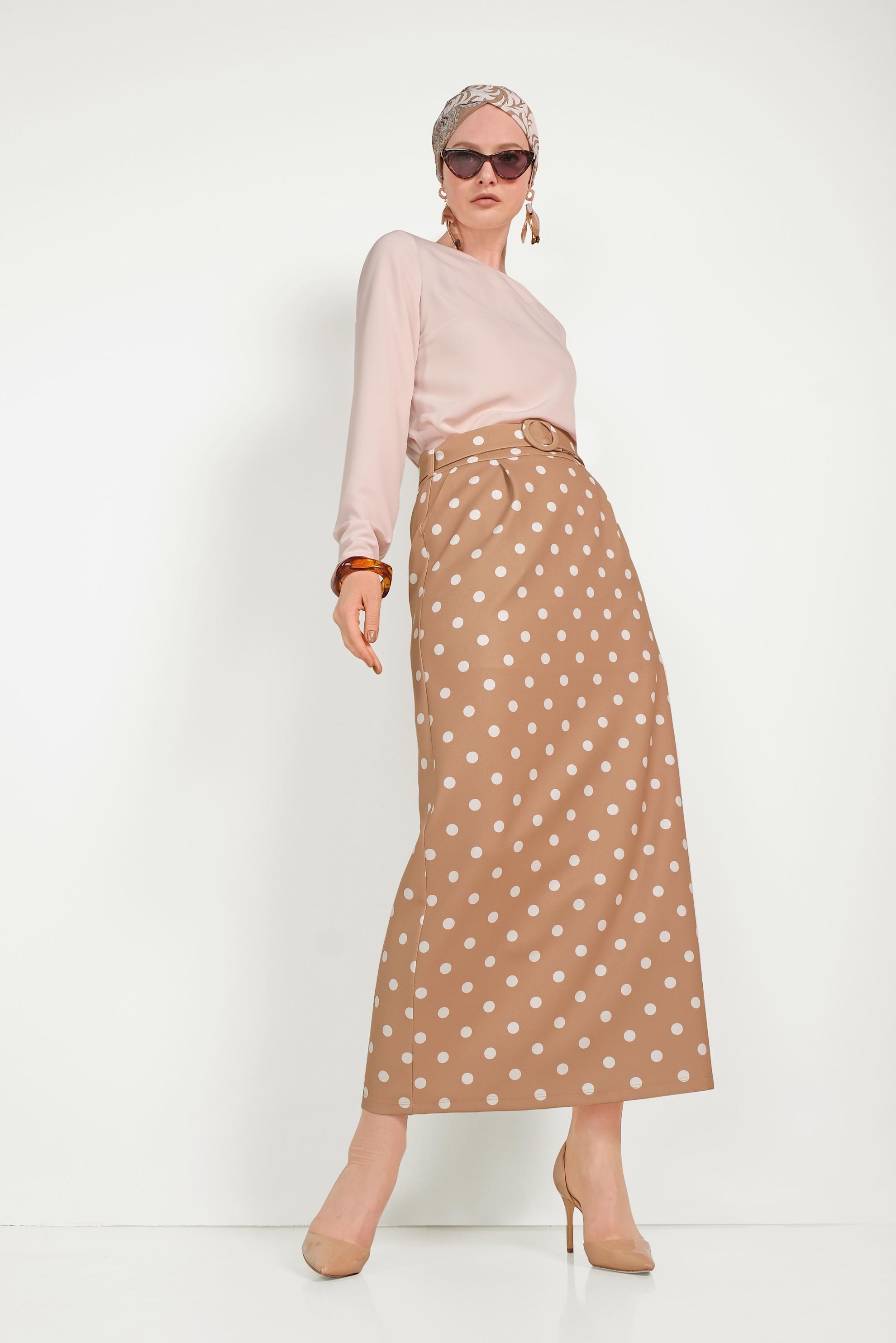 Hijab clothing BROWN CLASSIC CUT POLKA-DOT SKIRT WITH POCKET 60064 