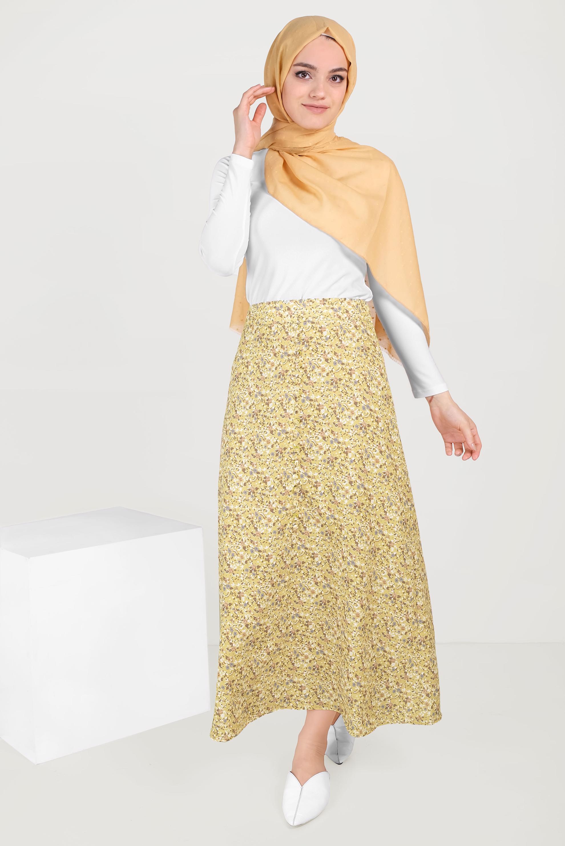 Tesettür giyim SARI FLORAL DESENLİ ETEK 60066