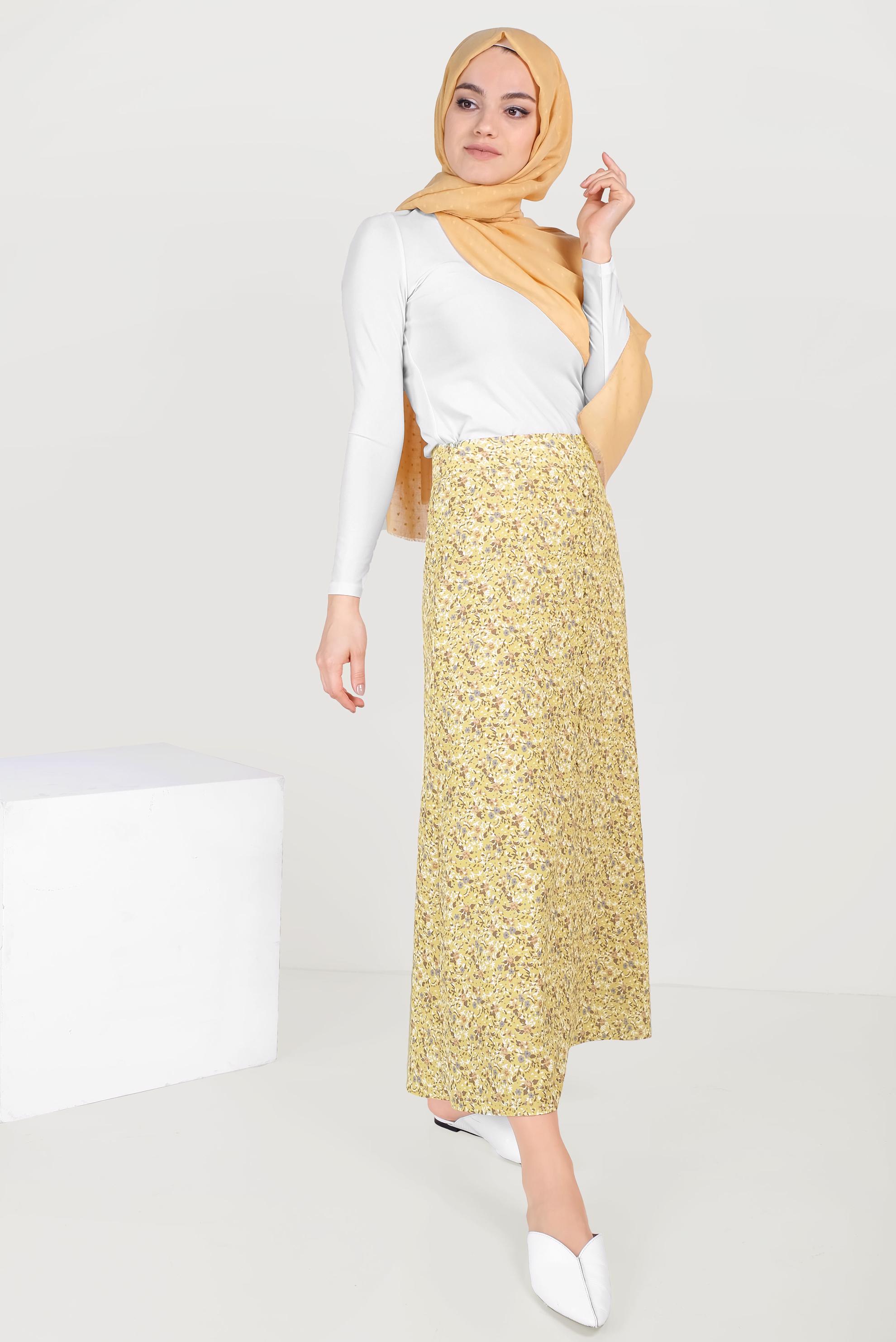 Tesettür giyim SARI FLORAL DESENLİ ETEK 60066