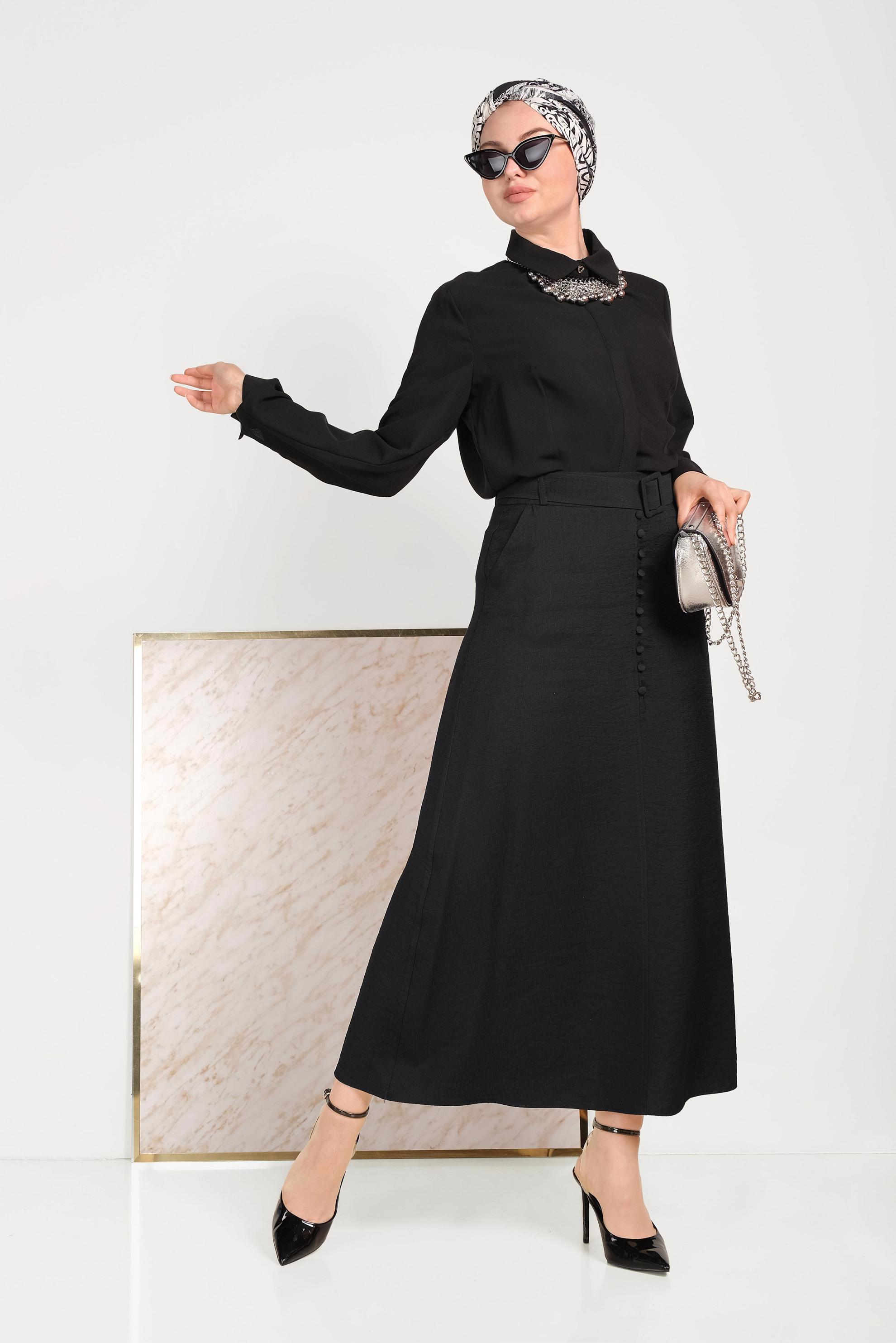 Hijab clothing BLACK A-LINE SHAPED BUTTONED DRESS 60067